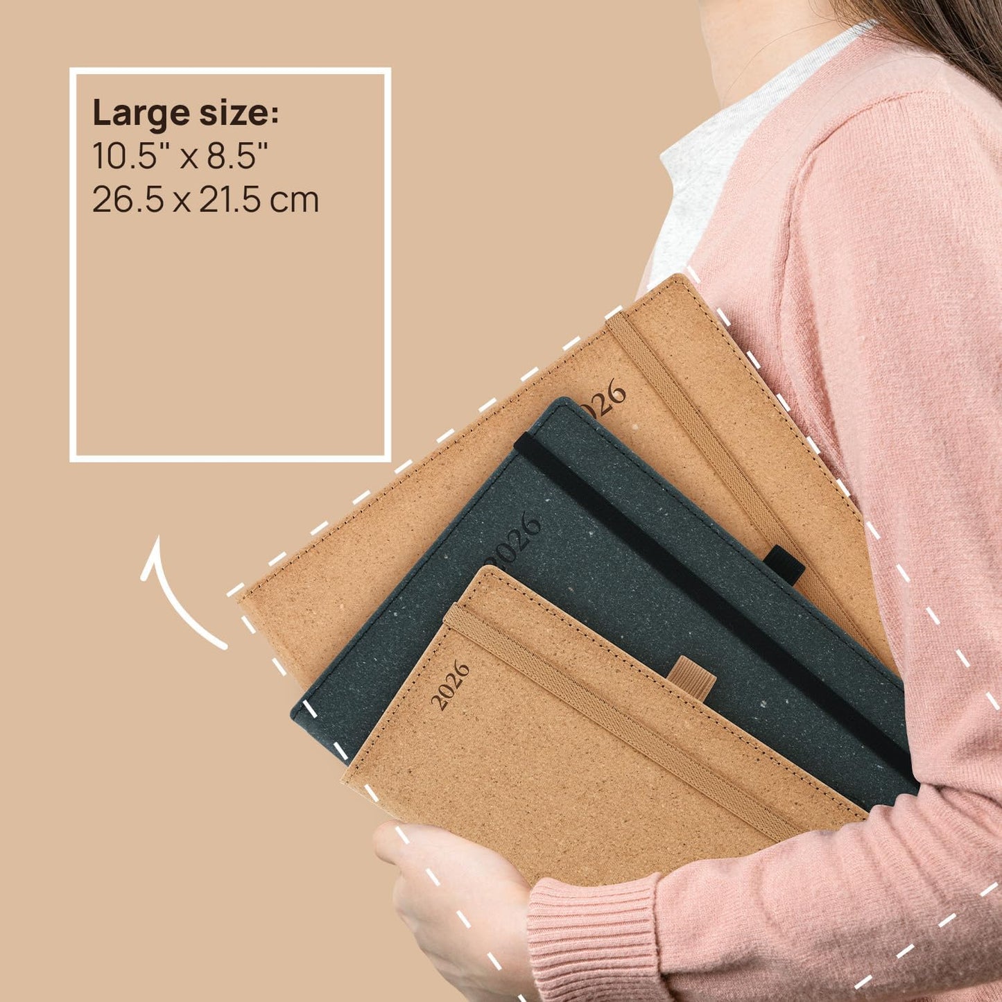 POPRUN 2026 Planner - 2026 Recycled Weekly Planner[8.5''x 10.5''- Italian Regenrated Leather Hard Cover] with Hourly Schedule & Vertical Weekly Layout, Monthly Tabs, Inner Pocket - Black Grey