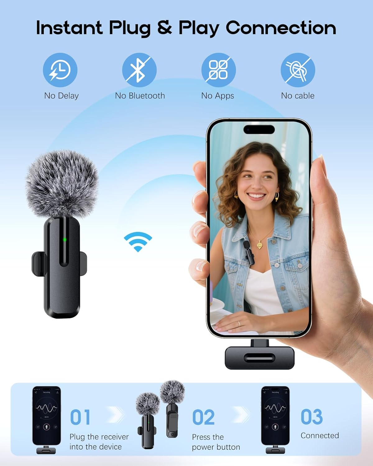 Professional Wireless Mini Microphone for iPhone - 2 Pack Lavalier bluetooth Microphone for Video Recording, 2 In 1 Noise Reduction Lapel Mic for Ipad, Android, Mini Mic for Content Creators Podcast
