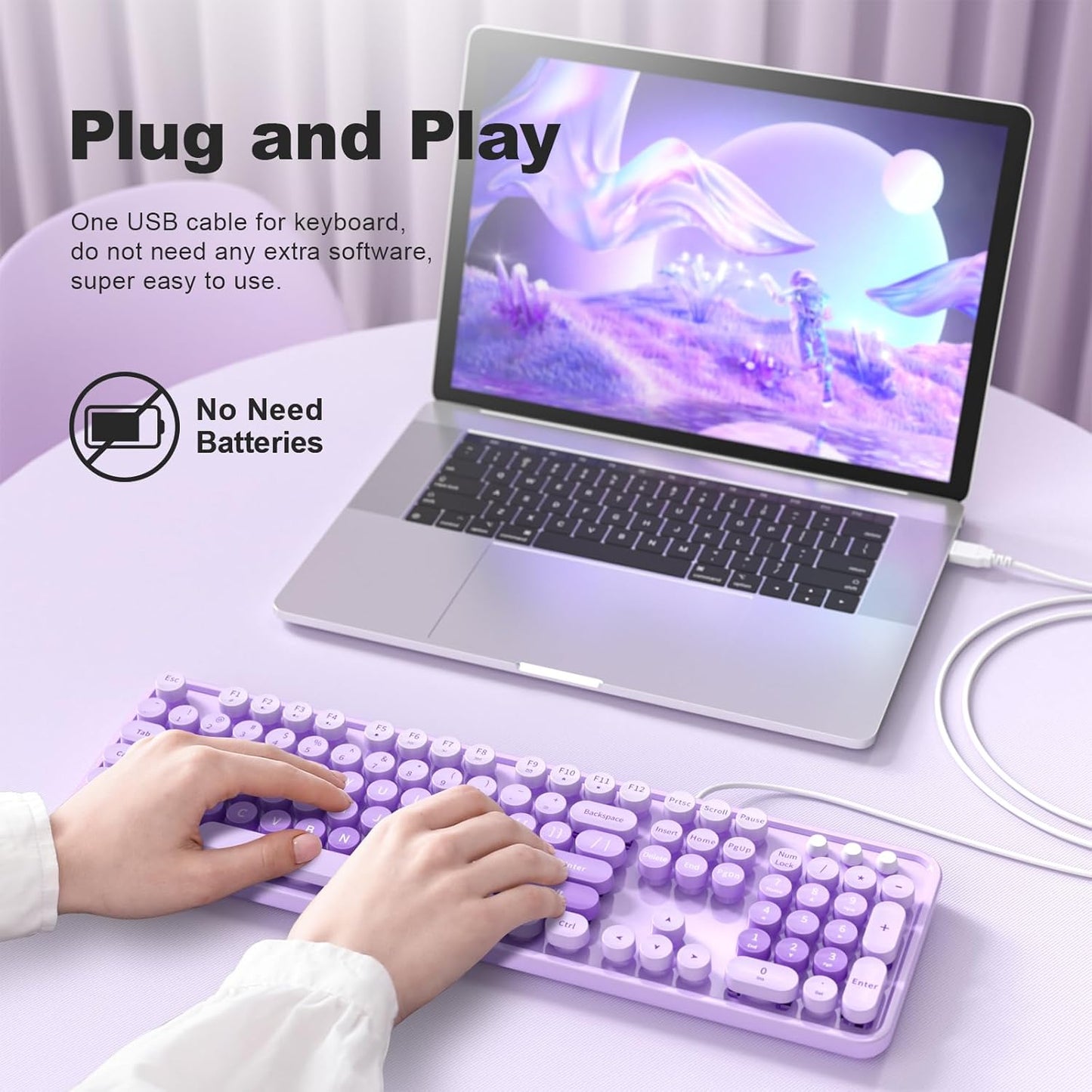 MOFII Keyboard Wired Large Print, Computer Keyboard Plug Play, Colorful Retro Round Typewriter Keyboard with Numeric Keypad and Media Hotkey for Windows PC Laptop (Pale Purple)