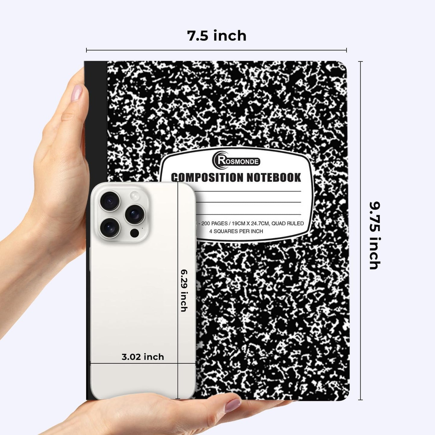 Graph Paper Composition Notebook, 5 Pack, 200 Pages (100 Sheets), Quad Ruled Composition Notebook, Graph Notebooks, 4x4 Grid Composition Notebook, Black Marble, Sewn Hard Cover, 9-3/4 x 7-1/2