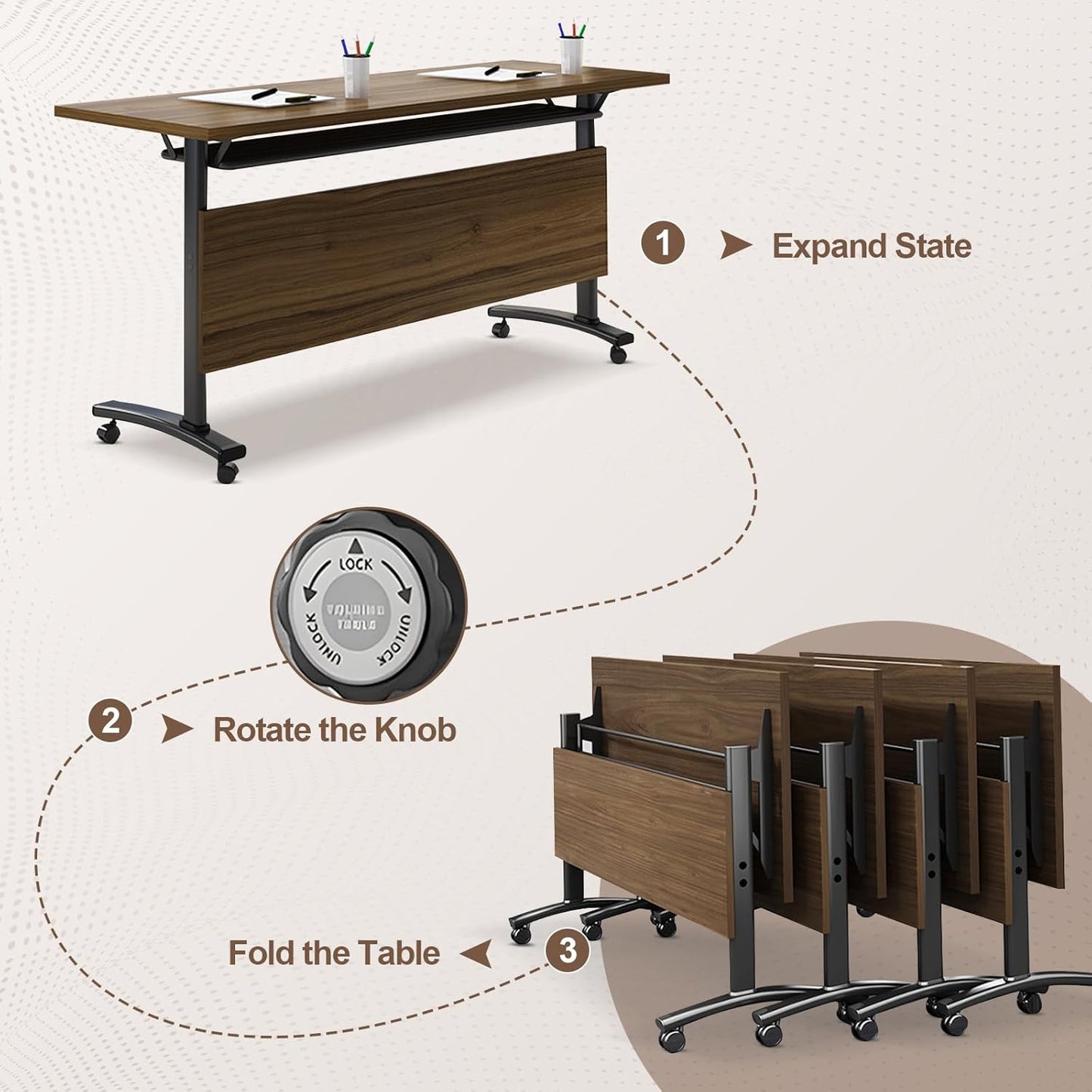 Folding Conference Room Table, Modern Conference Tables with Wheels, Large Rectangular Mobile Training Tables for Office Classroom, Foldable Modular Boardroom Seminar Table Walnut (6pack L63in)