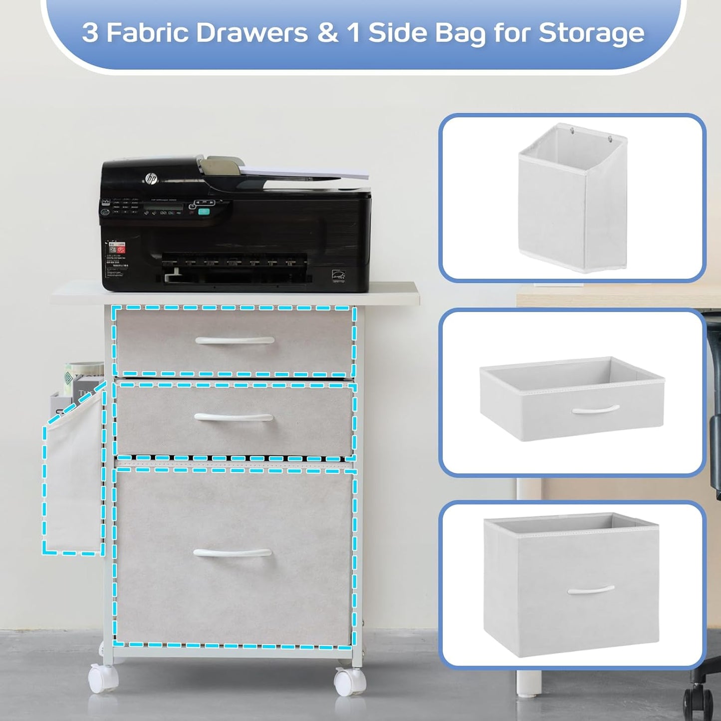 Printer Stand with 3 Fabric Drawer, Mobile File Cabinet for Home Office with Storage Bag, Rolling Under Desk Organizer Shelf, Fits A4 or Letter Size, Complete Top Plate Fast Assembly (White)