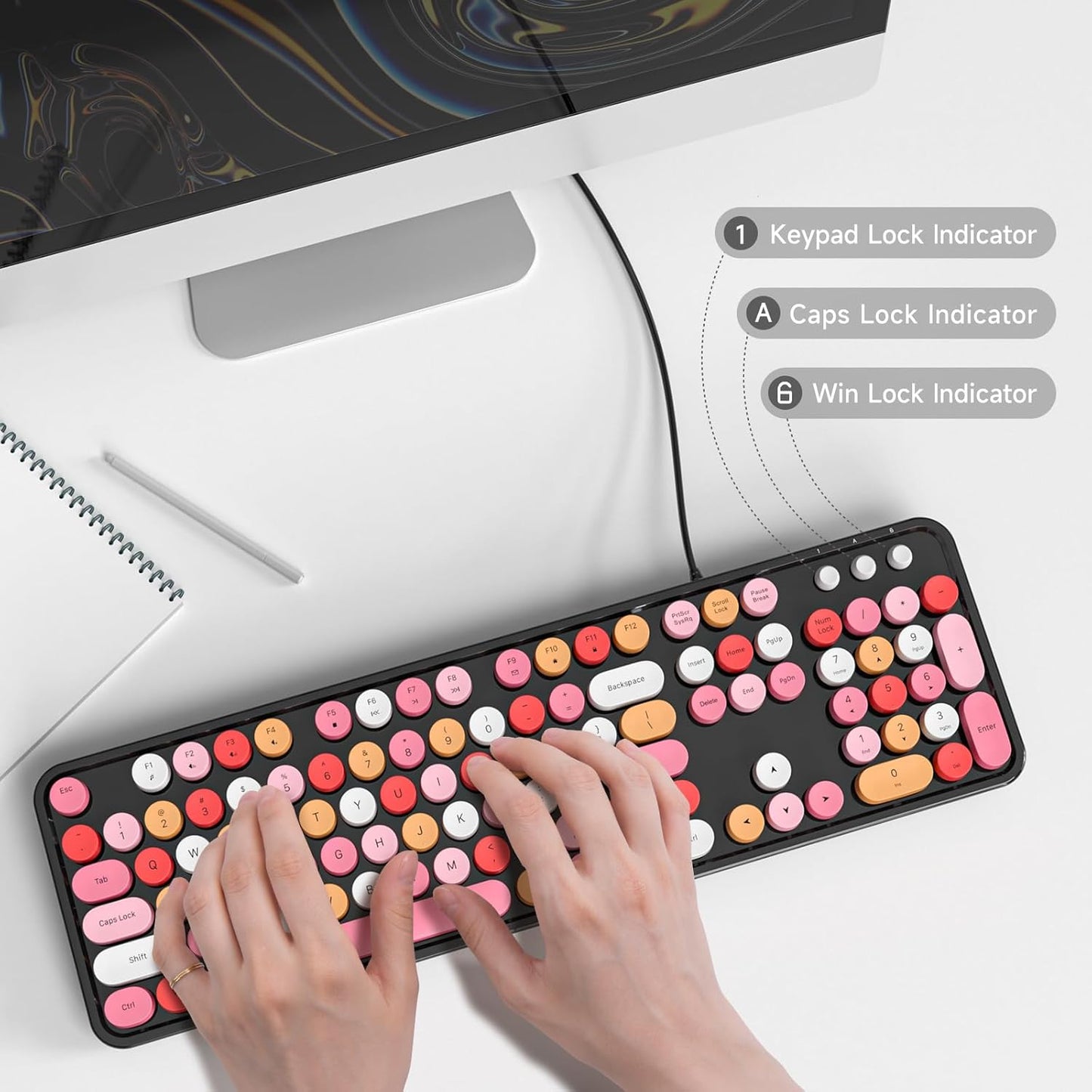 Wired Keyboard, 104 Keys Full-Sized Typewriter Keyboards, USB Plug and Play Office Keyboard with Number Pad, Caps Indicators for Windows 7 8 10, PC, Laptop, Desktop (Black Colorful)