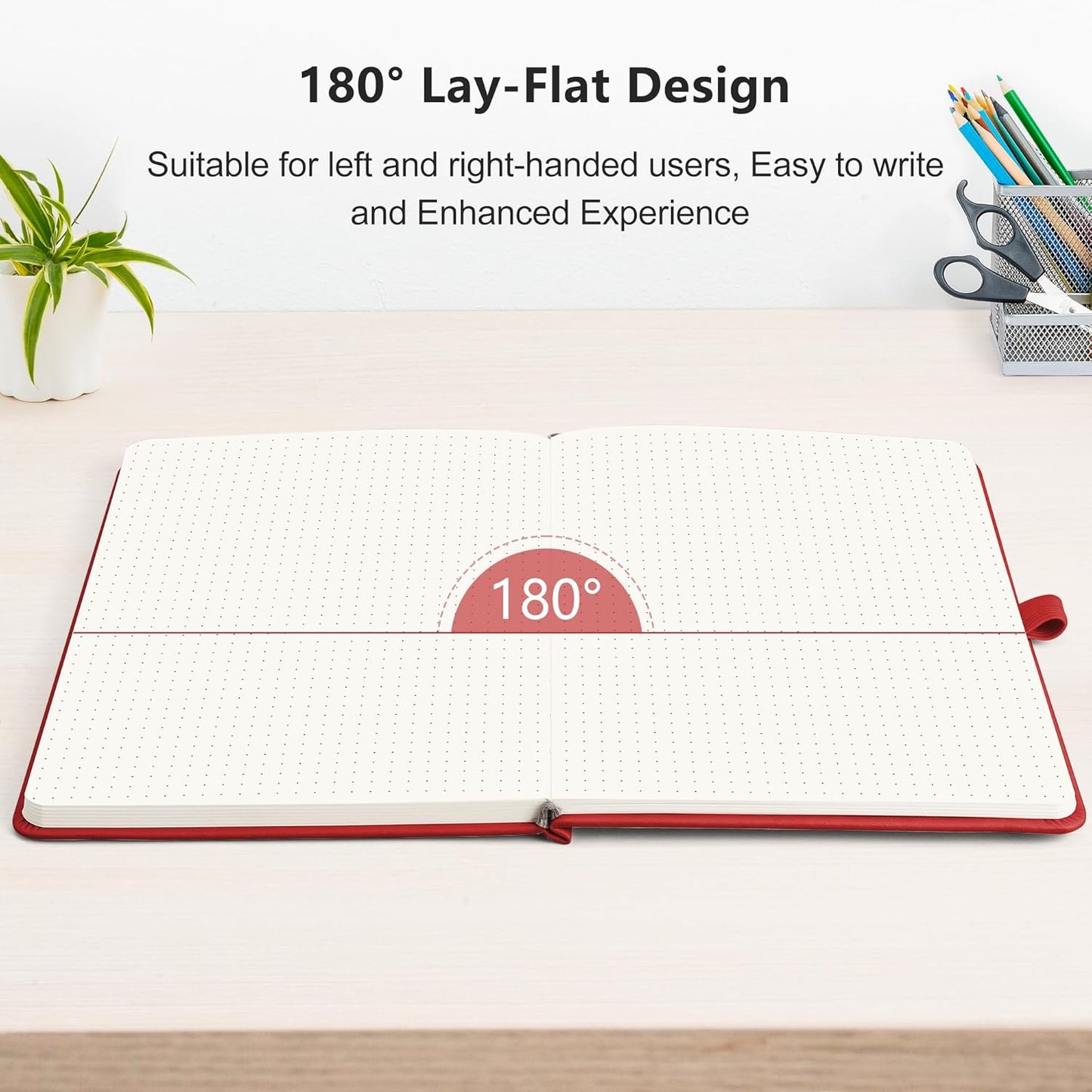 RETTACY Bullet Dotted Journal Notebook, 256 Pages, A5 Medium Size (5.7'' × 8.3''), Leather Hardcover, 120 GSM Thick Paper, for Bullet Journaling, Planning, Tracking (Red)