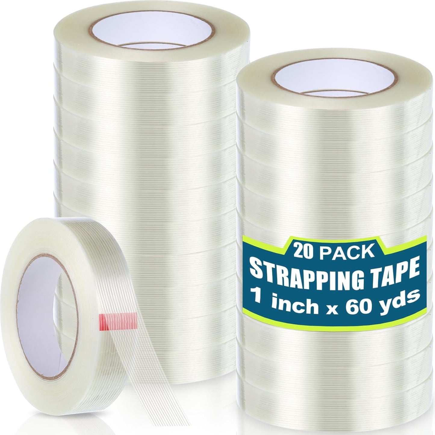 Treela 20 Rolls 1 Inch x 60 Yards Filament Strapping Tape Transparent Reinforced Fiberglass 5.5 Mil Heavy Duty Packing Shipping Tape for Sealing Binding Fixing