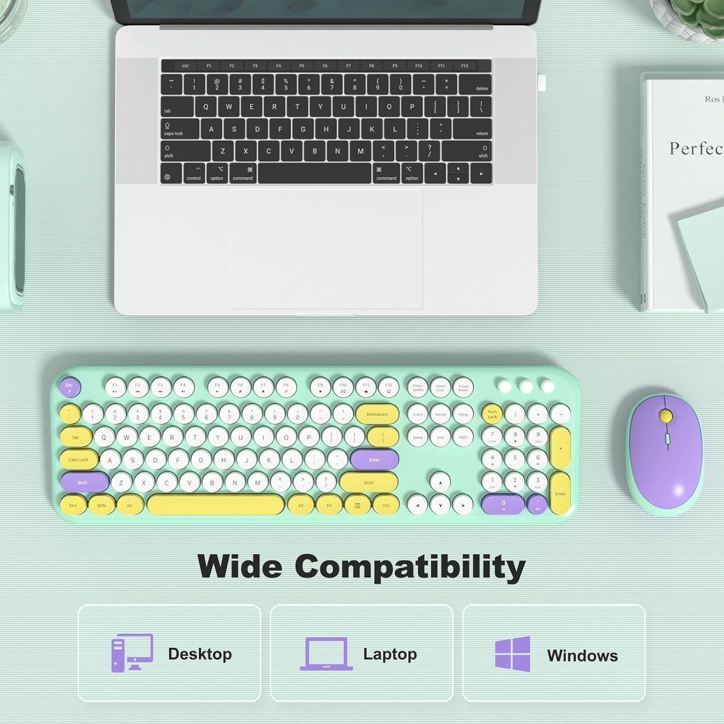 MOFII Wireless Keyboard and Mouse Combo, Cute Keyboard Full Size and Wireless Mouse, 2.4GHz Retro Typewriter Keyboard and Mouse Set for PC/Desktop/Laptop/Windows (Mint Green)