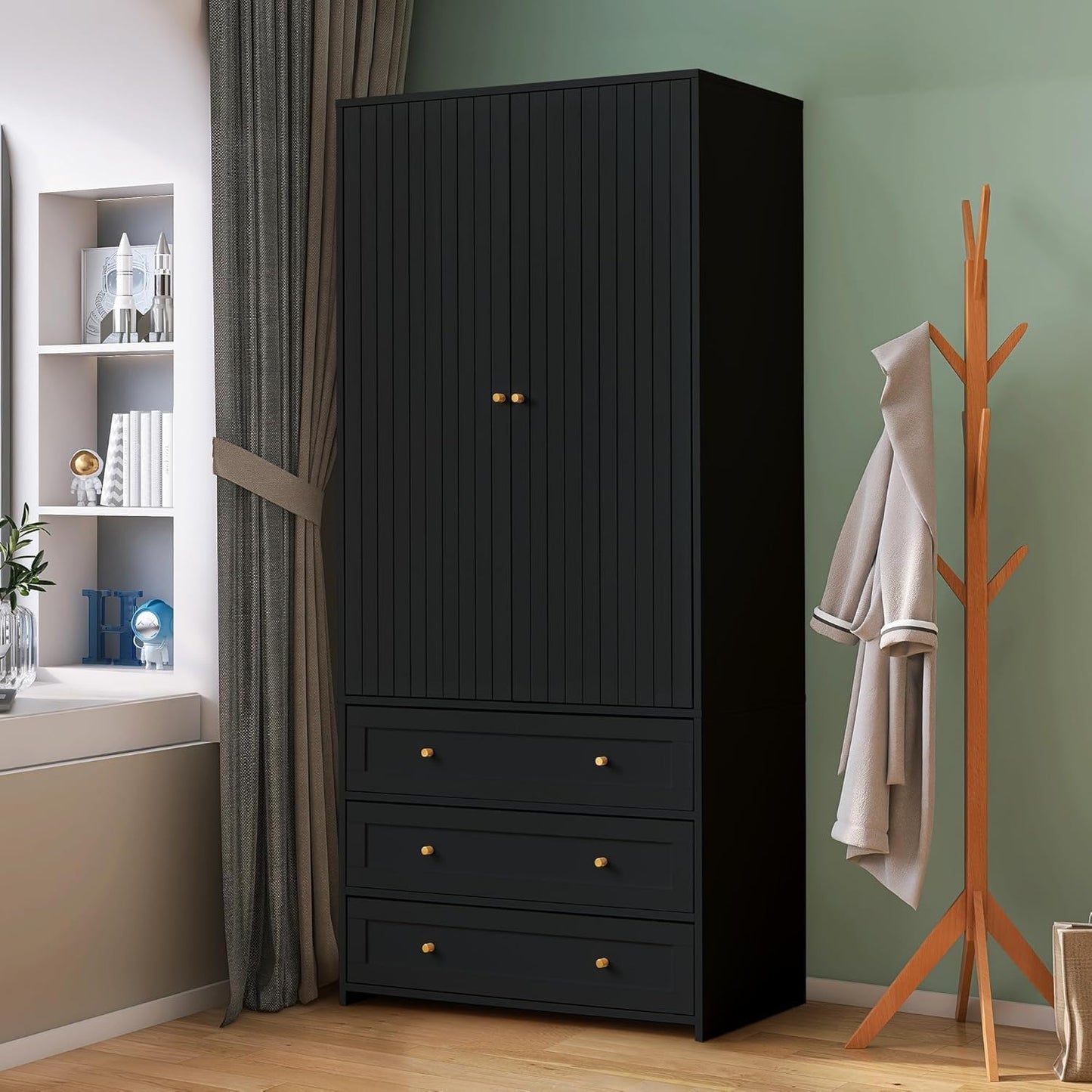 71" Wardrobe Closet Armoire, Wardrobe Armoire Wooden with 2 Doors, 3 Drawers Household Freestanding Wooden Closet Storage Cabinet for Bedroom (Black)