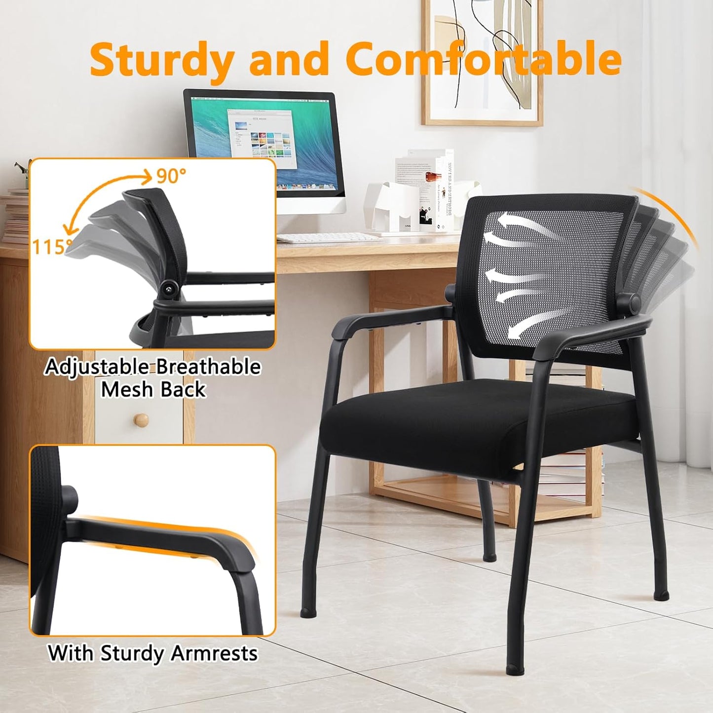Desk Chair No Wheels with Adjustable Mesh Backrest, Arm Chair with Ergonomic Lumbar Support and Thickened Seats Cushion, Waiting Room Chairs for Office School Church Guest Reception, 4PACK
