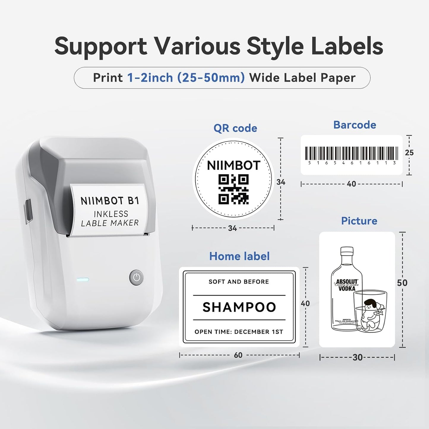 NIIMBOT B1 Label Maker Machine with Tape, Thermal Label Printer Easy to Use for Office, Home, Business, 2 Inch Label Maker with 2'' x1.18'' Labels