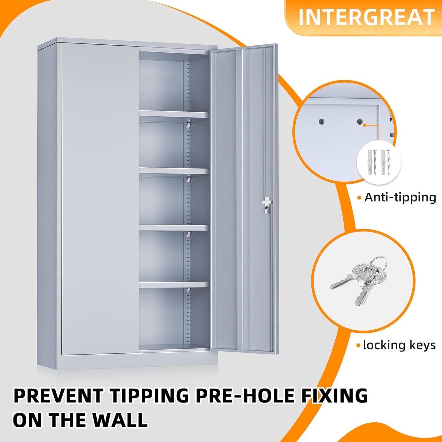 INTERGREAT Tall Metal Storage Cabinet Locking Steel with 4 Adjustable Shelves,72" Lockable Cabinets Lock 2 Doors for Office Garage Supply Home (Cement Gray)