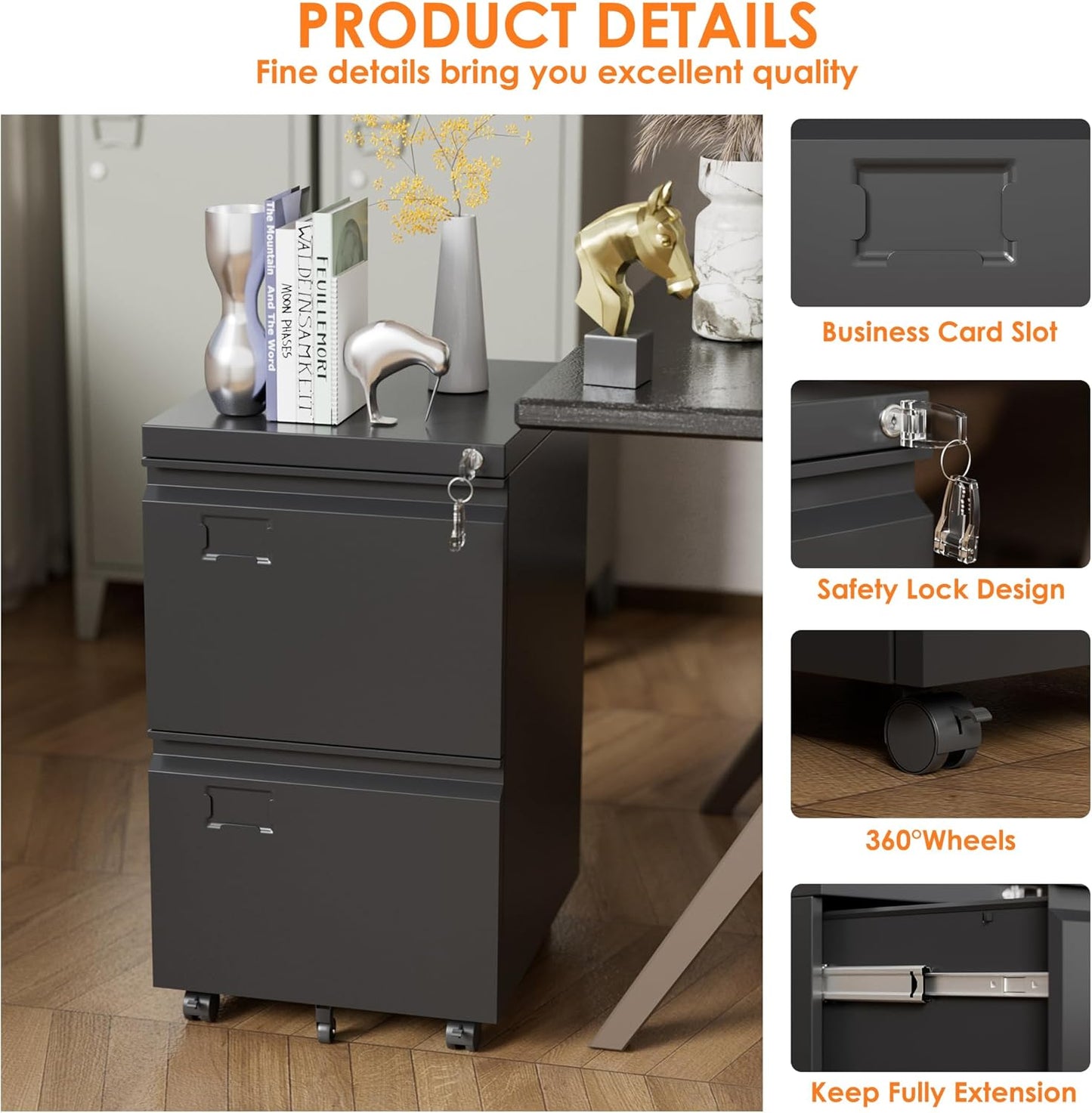 2 Drawers Mobile File Cabinet, Metal Under Desk Cabinet with Lock, for Office & Home, Legal/Letter Size, W14.57”x D17.36”x H25.79”, Assembly Required