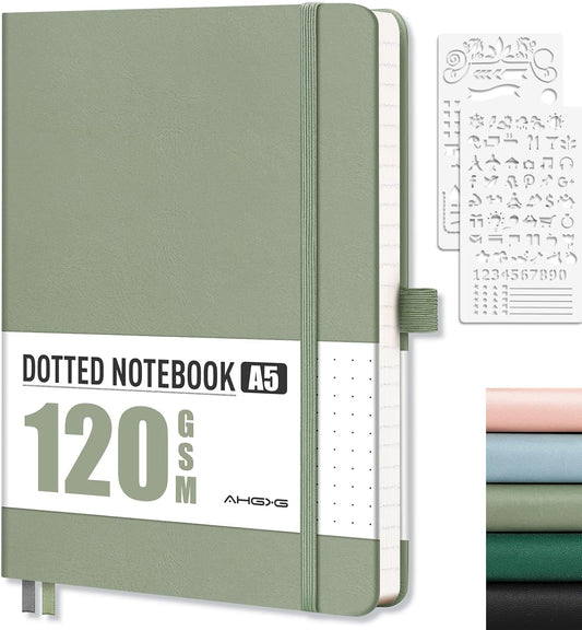 AHGXG Bullet Dotted Journal - Dot Grid Notebook Journal, 120 GSM Thick Acid-Free Paper, A5 Dotted Notebook 160 Pages, Leather Hardcover, Inner Pocket, Journal Stencil, 5.7'' × 8.3'' - Sage Green