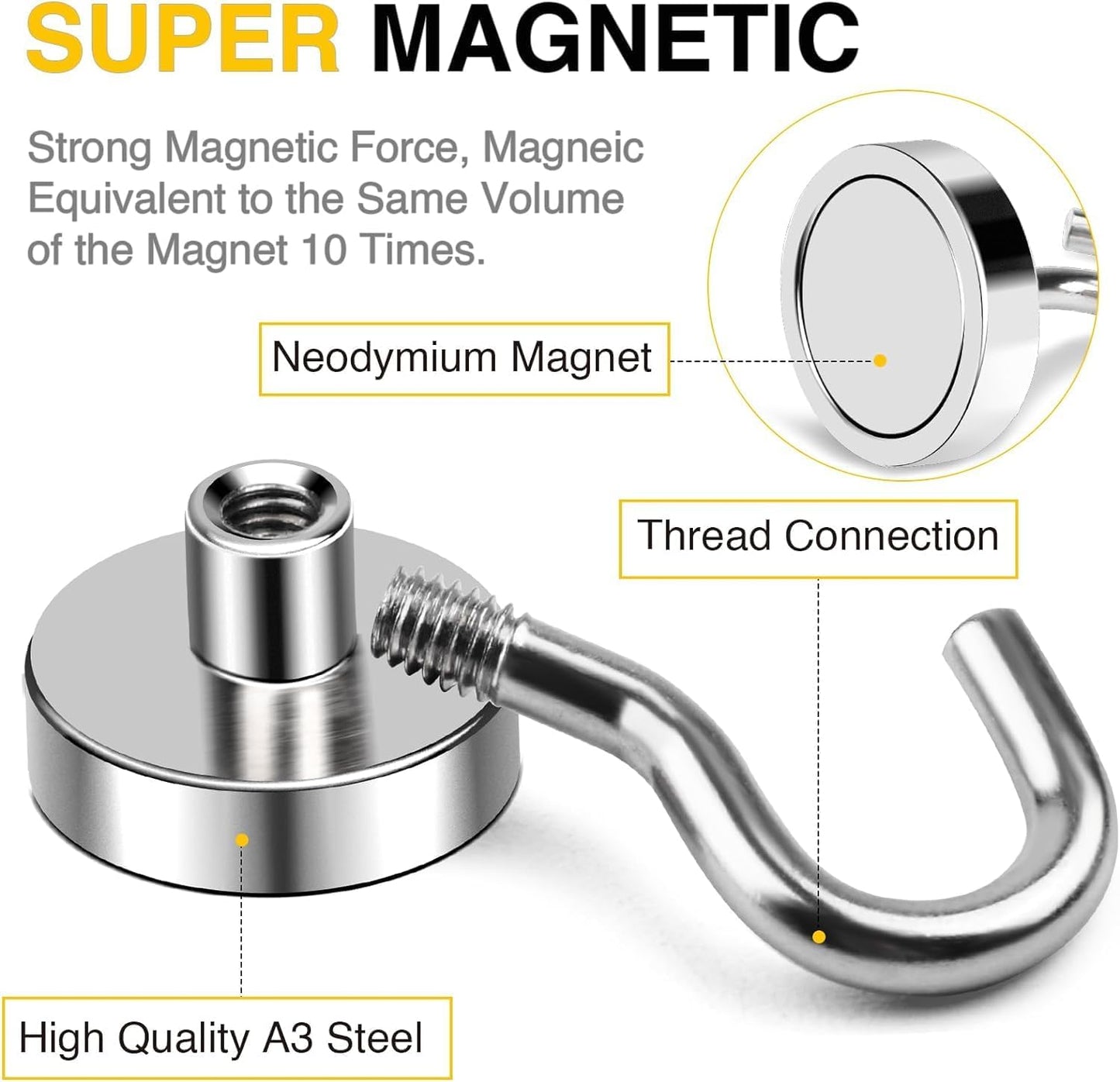 DIYMAG Strong Neodymium Magnetic Hooks, 150 Lbs Heavy Duty Rare Earth Magnets with Hook, Strong Corrosion Protection Facilitate Hook 12 Packs
