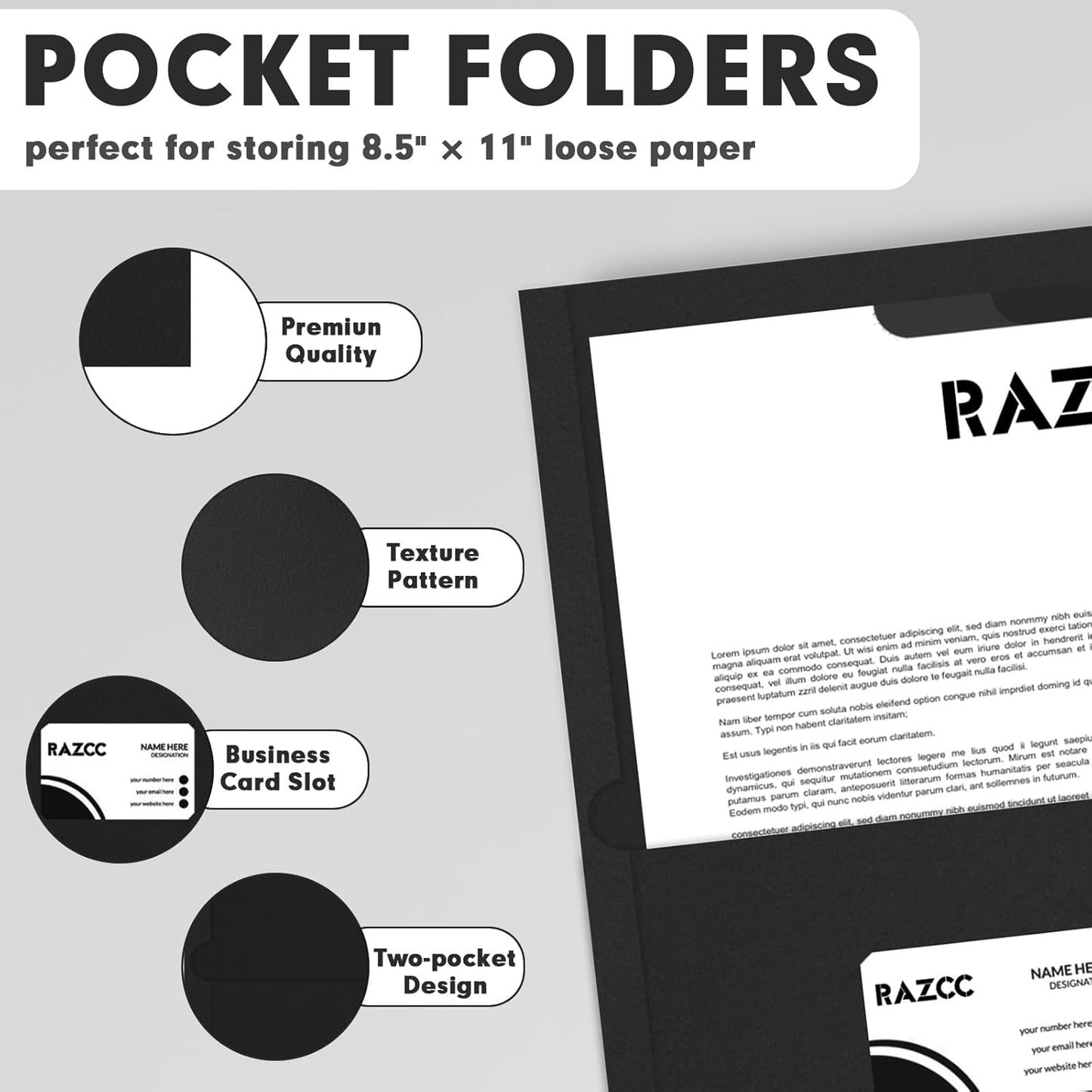 Two Pocket Folders, RAZCC 50 Pack 2 Pocket Folders Fit Letter Size Paper, Paper Folders with Pockets for School Office Business Home, Black