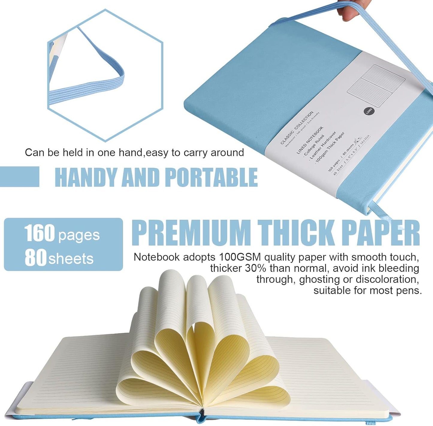 Lined Journal Notebook, 10Pack(Sky Blue), 160 Pages, Medium 5.7 inches x 8 inches - 100 gsm Thick Paper, Hardcover
