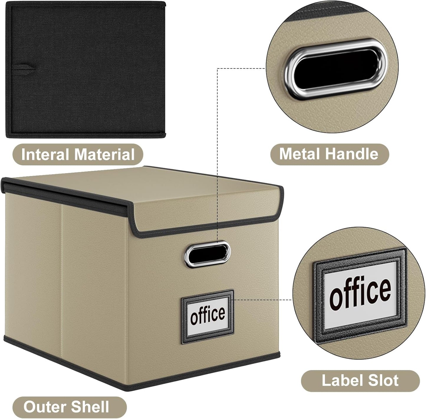 Huolewa Faux Leather File Organizer Box with Lid, Collapsible Hanging File Folder Box Organizer with Plastic Slides, Decorative Home/Office Filing System Boxes for File and Folder Storage-Khaki