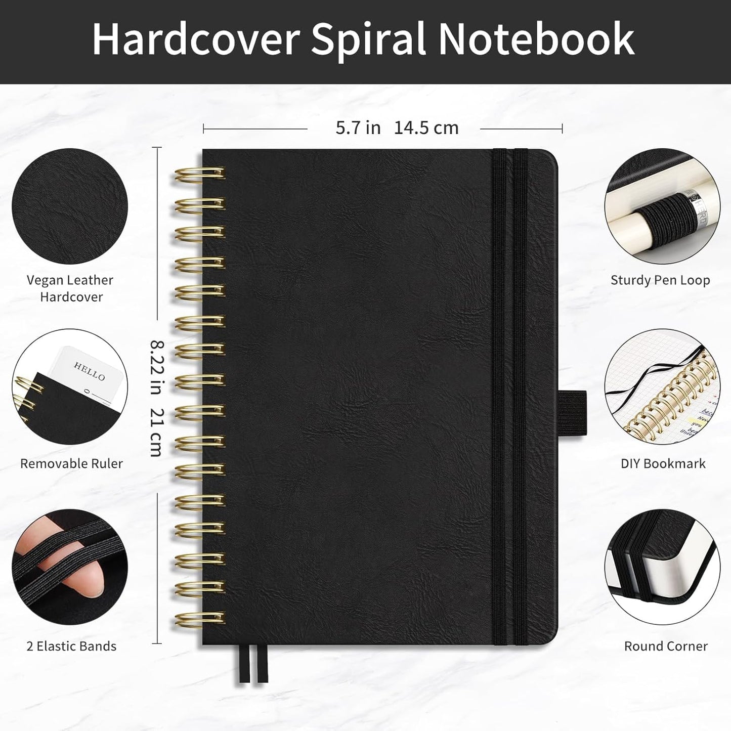EMSHOI Spiral Graph Paper Notebook - 300 Pages, 100 GSM Thick Grid Notebook, A5 Small Hardcover Leather Journal for Women Men Writing Engineering Graphing, 5.7" x 8.22", Black