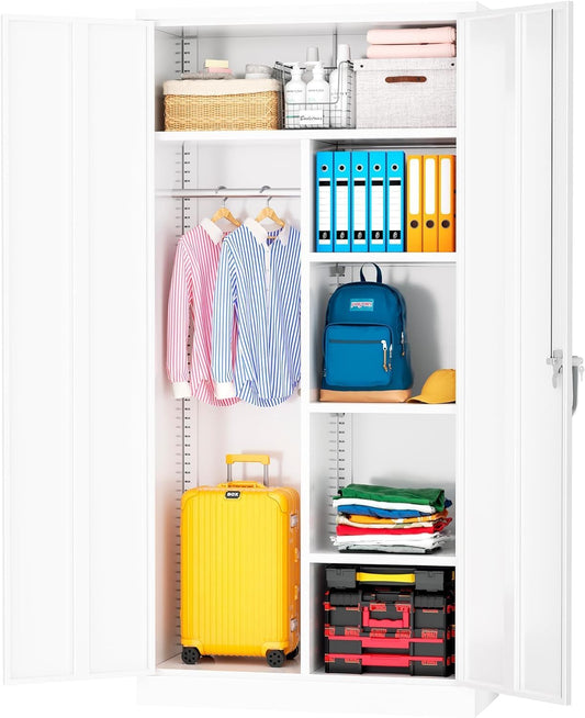 INTERGREAT Metal Storage Cabinet,Armoire Wardrobe Closet with 4 Adjustable Shelves and Hanging Rod,Metal Wardrobe Cabinet with Lockable Doors for Home Office,Warehouse,Garage,White
