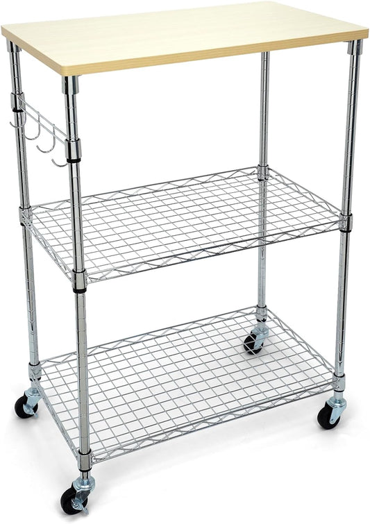 Chrome 3-Tier Rolling Kitchen Cart with Wheels 14" D x 24" W x 34" H and Wood Board Tabletop and 4 Hooks, 300 Pound Capacity, Great for Coffee Cart, Food Service Cart or Utinity and More.
