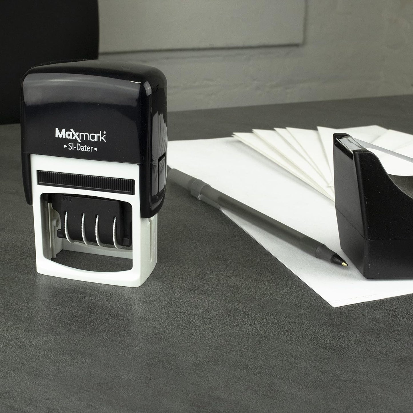 MaxMark Office Date Self Inking Stamp with Your Custom Text - 1" x 1-5/8” - Choice of Ink Color