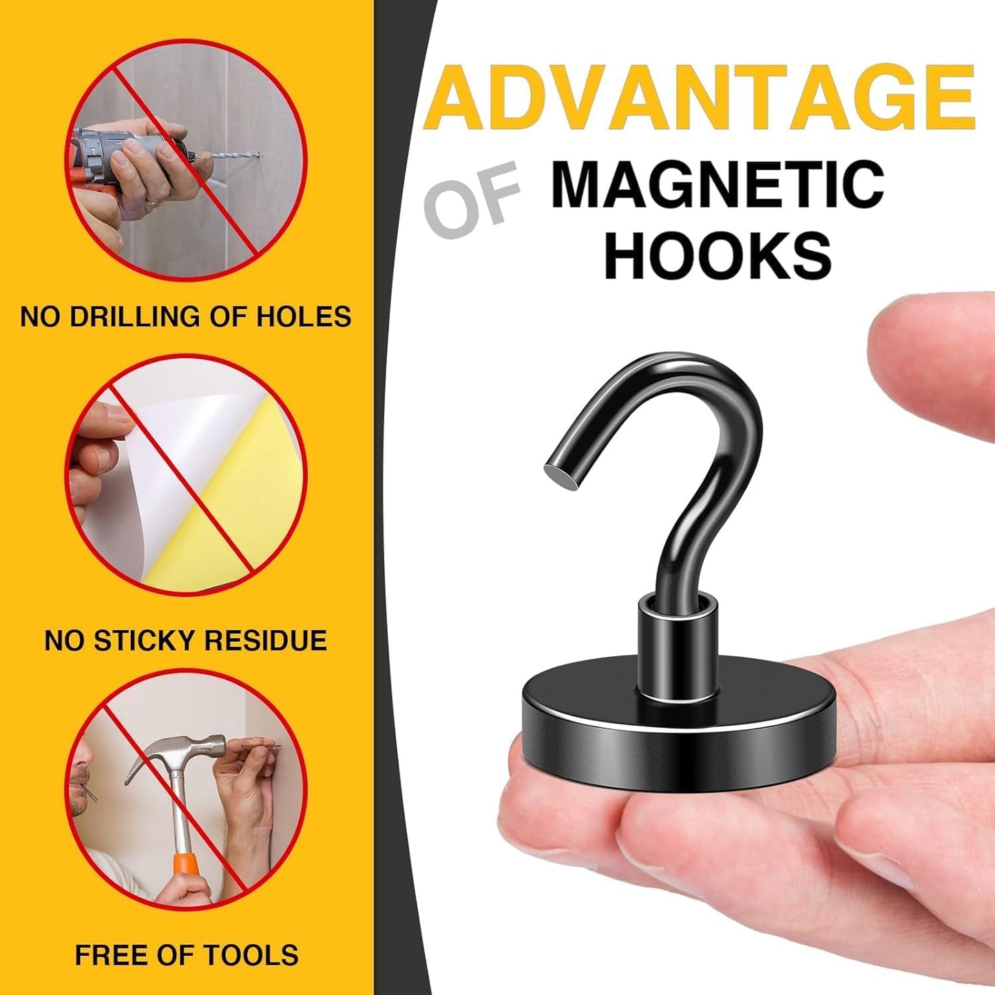 DIYMAG Black Magnetic Hooks, 118 LB Heavy Duty Strong Magnets with Hook, Rare Earth Neodymium Magnet for Cruise Cabins Ship Essentials 12 Packs