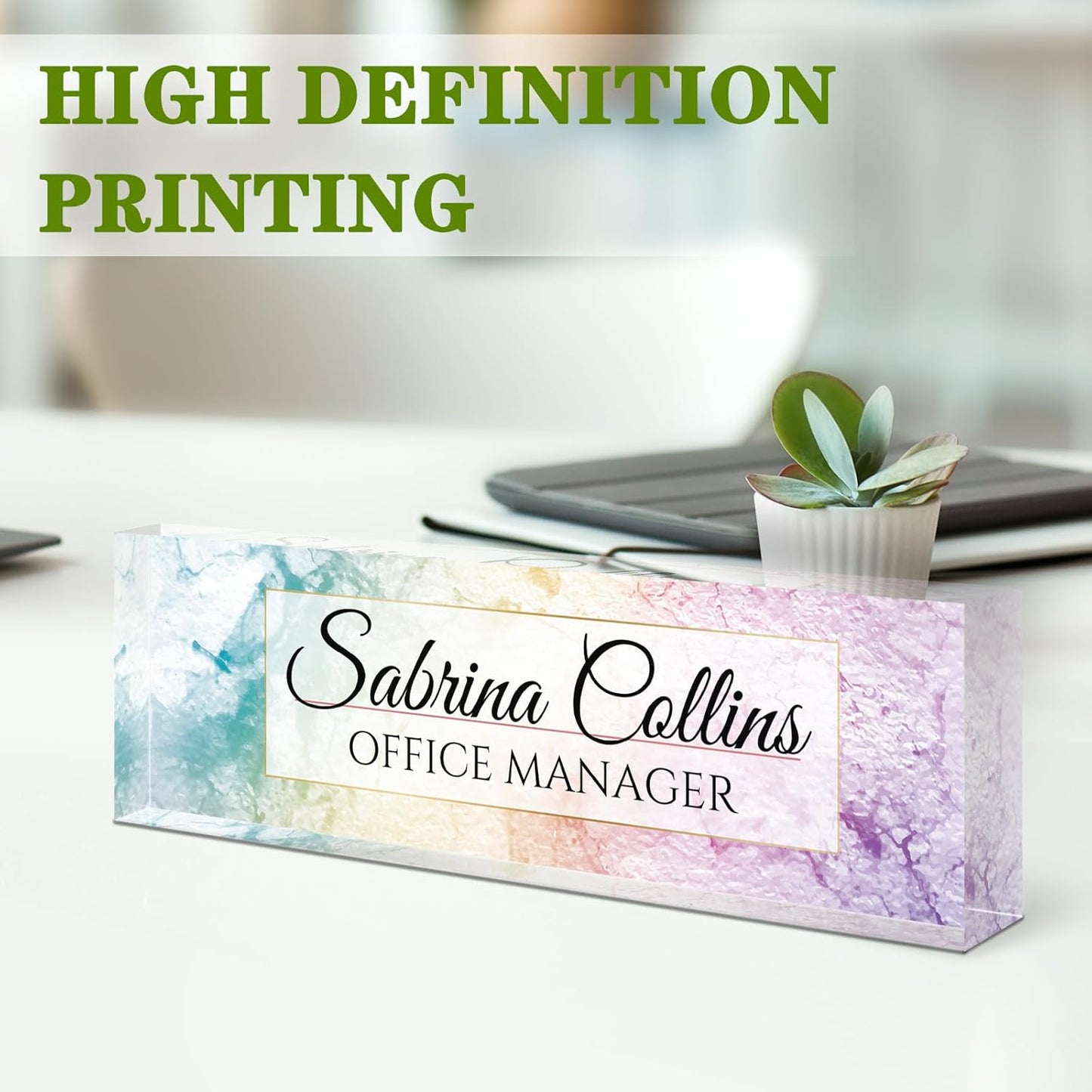Name Plate for Desk, Desk Name Plate Personalized, Office Decor for Women Men, Acrylic Desktop Accessories, Office Appreciation Gifts for Boss Social Workers Nurse Teacher Employee (Colorful Marble)
