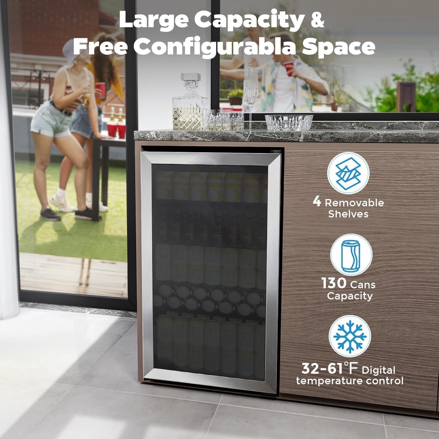 Kndko Beverage Refrigerator Cooler - 130 Can Mini Fridge with Adjustable Shelves, Glass Door, Digital Temperature Control, LED Lighting, Energy Efficient for Home, Office, Bar - 3.2 Cu.Ft, Silver