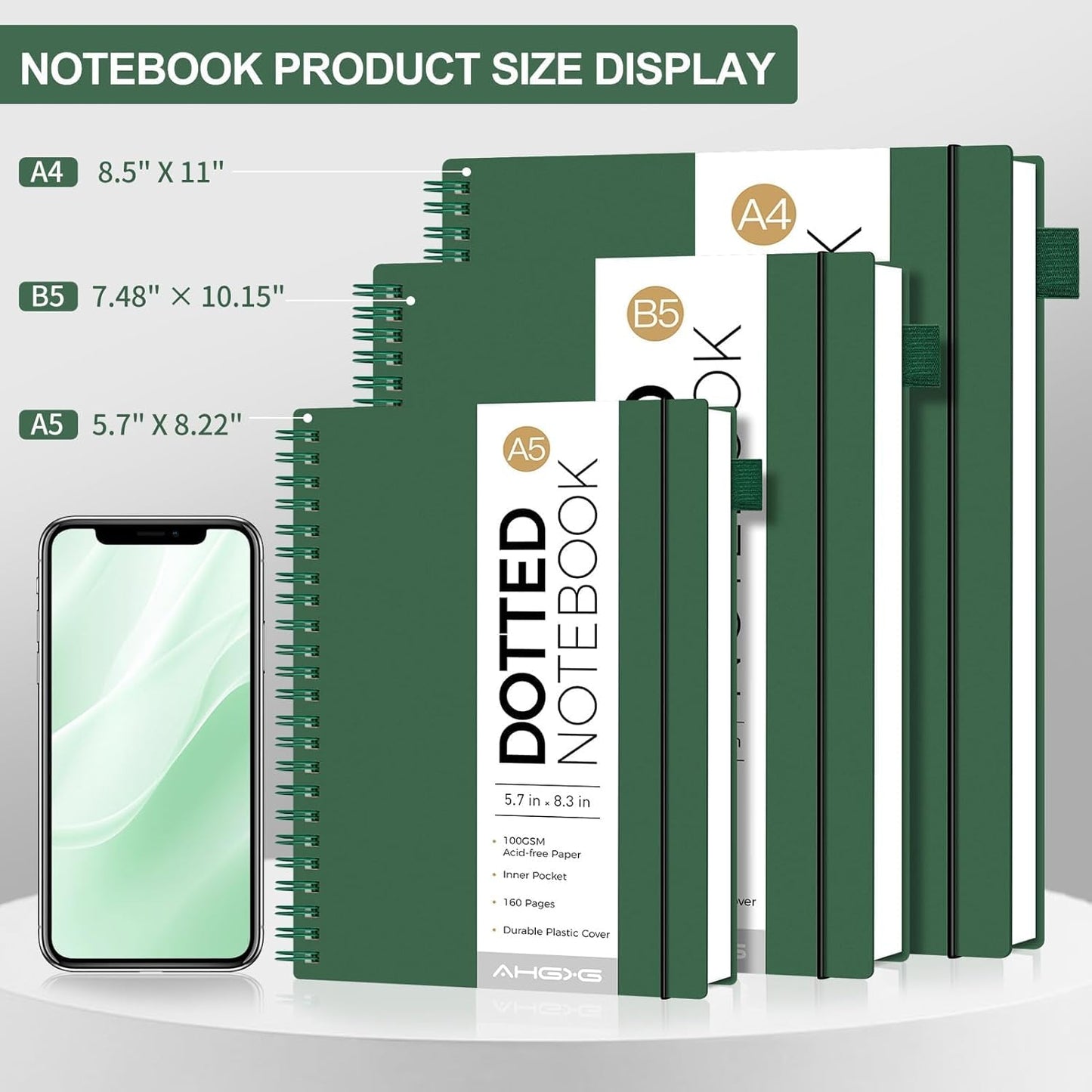 AHGXG Bullet Dotted Journal - Dot Grid Spiral Notebook 8.5" x 11", A4 Large Dotted Notebook, 100 GSM Thick Paper, Waterproof Plastic Cover Journals for Bullet Journaling, Sketching, Green