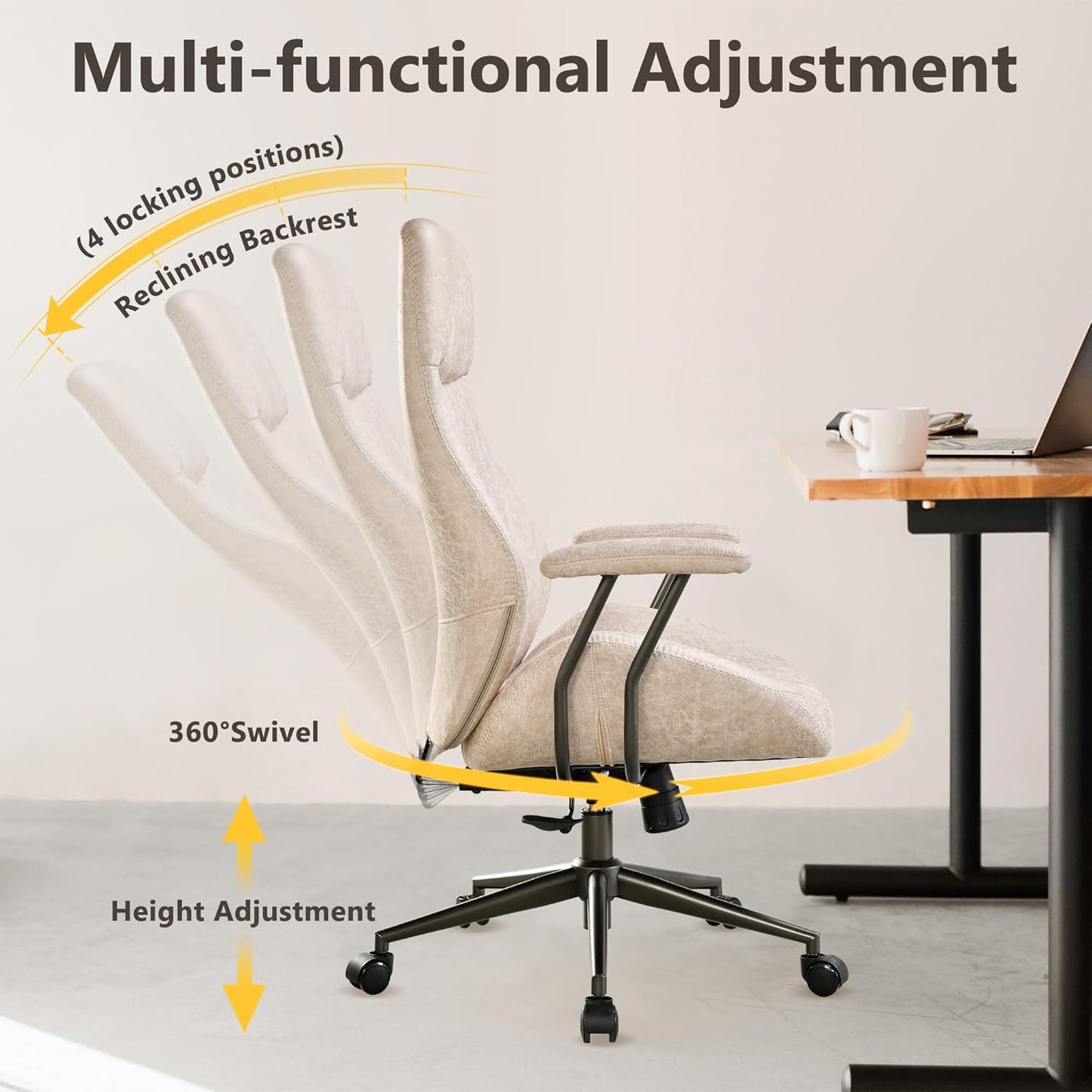 Mid Century Modren Office Chair - High Back Swivel Executive Chair with Lumbar Support,Ergonomic Computer Desk Chair with Wheels,Faux Lether Suede Task Chair,350lbs (Beige, High Back)