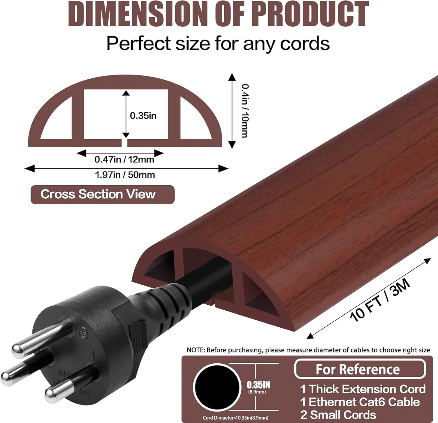 Floor Cord Cover Self Adhesive Cord Hider,10FT Cable Management, Extension Strip Protector for Wires, Prevent Cable Trips for Offices, Gyms, Exhibitions Cavity:0.47"(W) x0.35(H) Wood Red Teak
