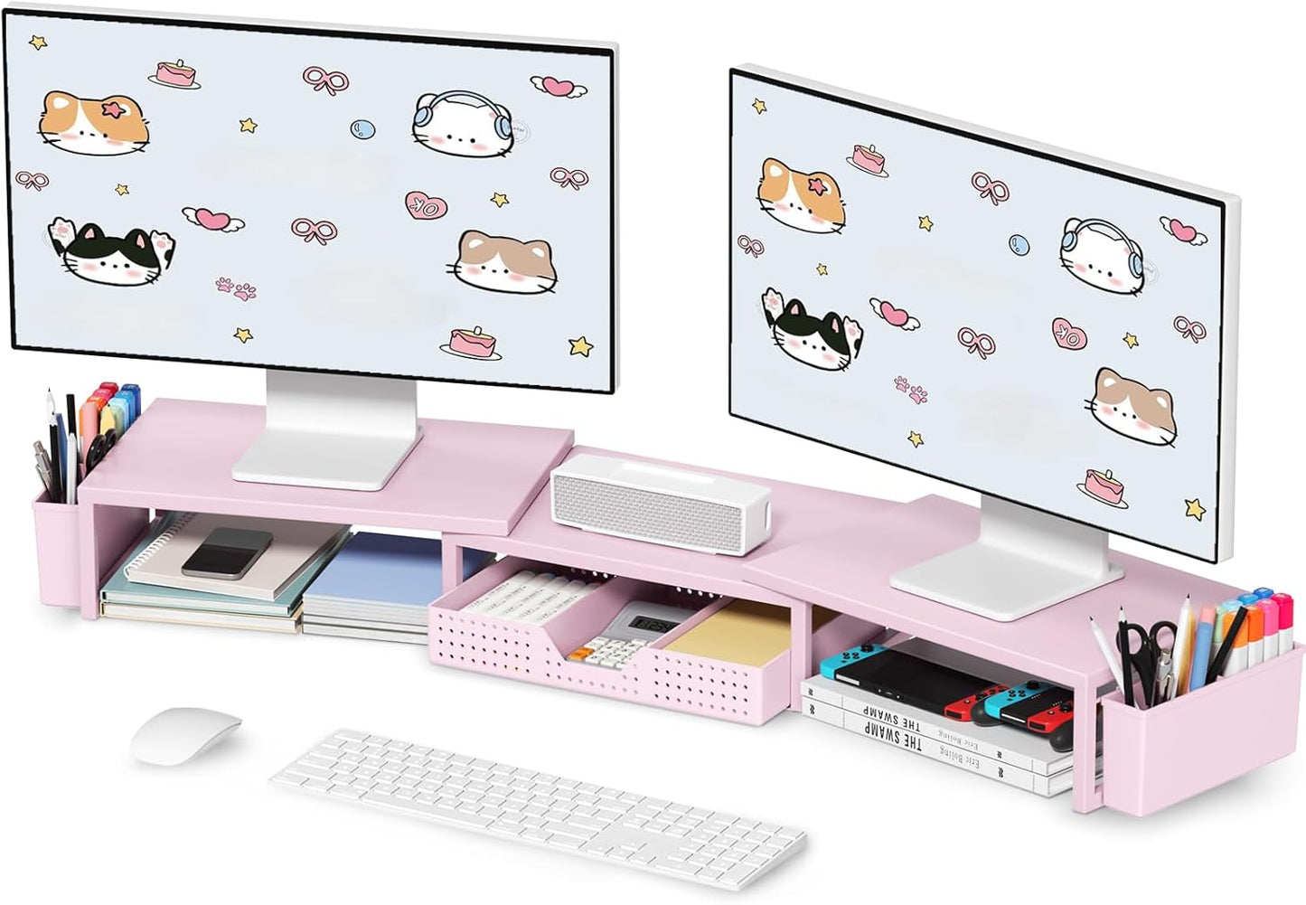 Pink Desk Organizers and Accessories for Women, Dual Computer Monitor Stand Riser with Drawer and 2 Pen Holders, Office Desk Accessories, Workspace Desktop Organization for Office Supplies