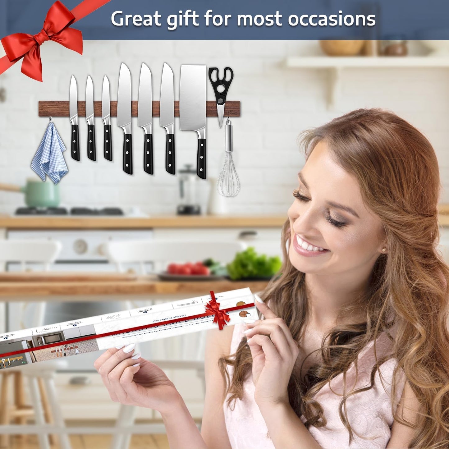 Dmore magnetic knife holder for wall—with 2 hooks, No Drilling 20 Inch walnut knife magnetic strip, Powerful knife magnet rack, include Adhesive Tape and screws for Knives, Utensils, and Tools