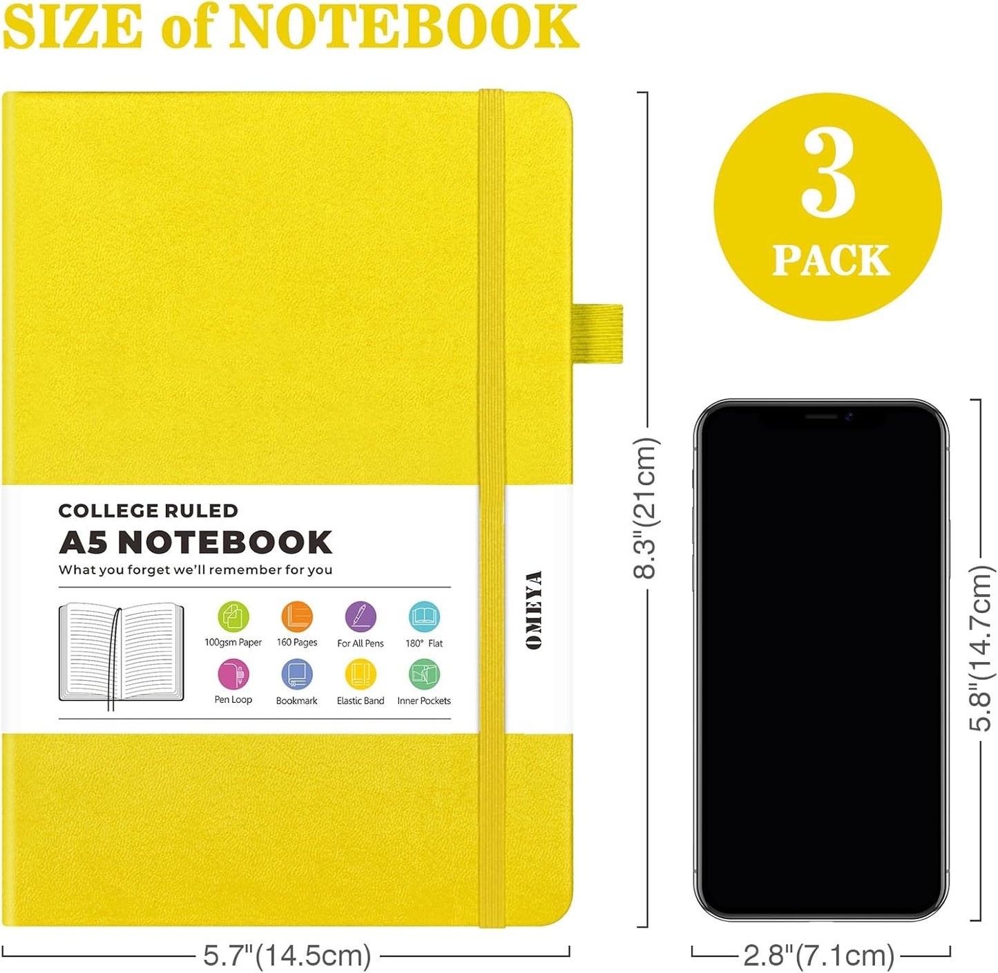 Lined Journal Notebook, 3 Pack A5 College Ruled Notebooks for Work, Hardcover Notebook Each with 2 Pockets & Pen, Leather Journal for Women, Men, 160 Pages, 100GSM Thick Paper (Multi-Colors 5.7"x8.3")