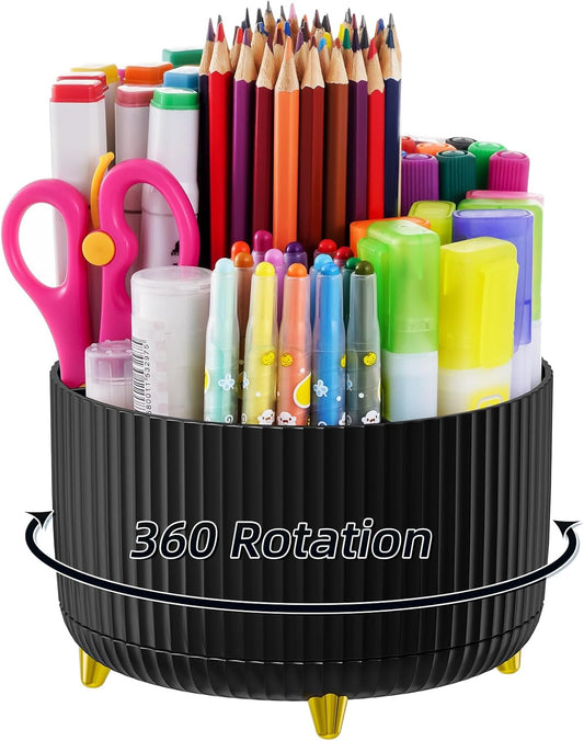 Marbrasse Desk Organizer - 360-Degree Rotating Pen Holder with 5 Compartments, Art Supply Storage Box Caddy for Office and Home (Black)