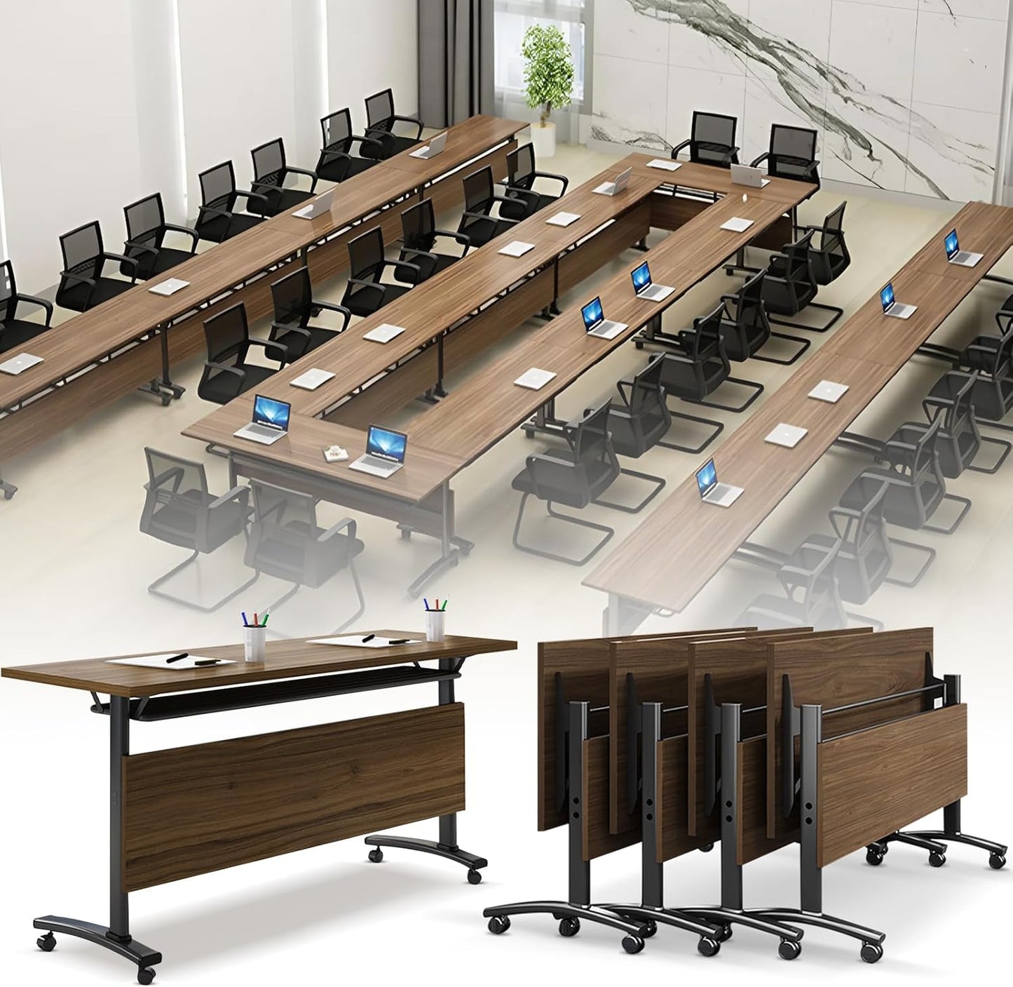 Folding Conference Room Table, Modern Conference Tables with Wheels, Large Rectangular Mobile Training Tables for Office Classroom, Foldable Modular Boardroom Seminar Table Walnut (4pack L63in)