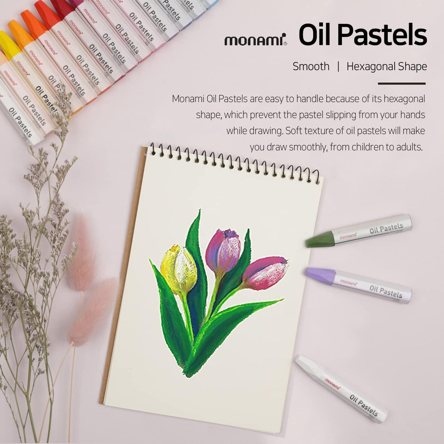 MONAMI Oil Pastels, Jumbo Size Hexagonal Shape Oil Pastels for Kids and Students with Handy Carrying Case, 24 Vivid Colors Pack
