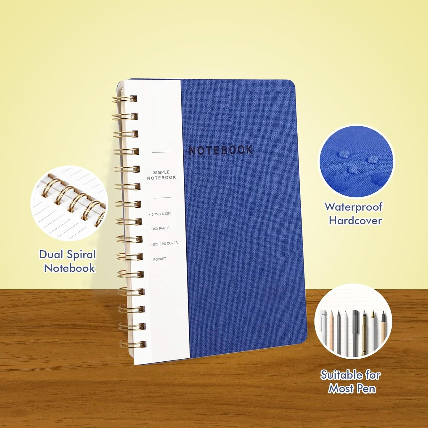 Lined Spiral Notebook College Ruled A5 Journal Book for Note Taking, 160 Pages Writing Journal for Office and Home School Supplies 5.75x8.125 inch (3pack-Pink/NavyBlue/Black)