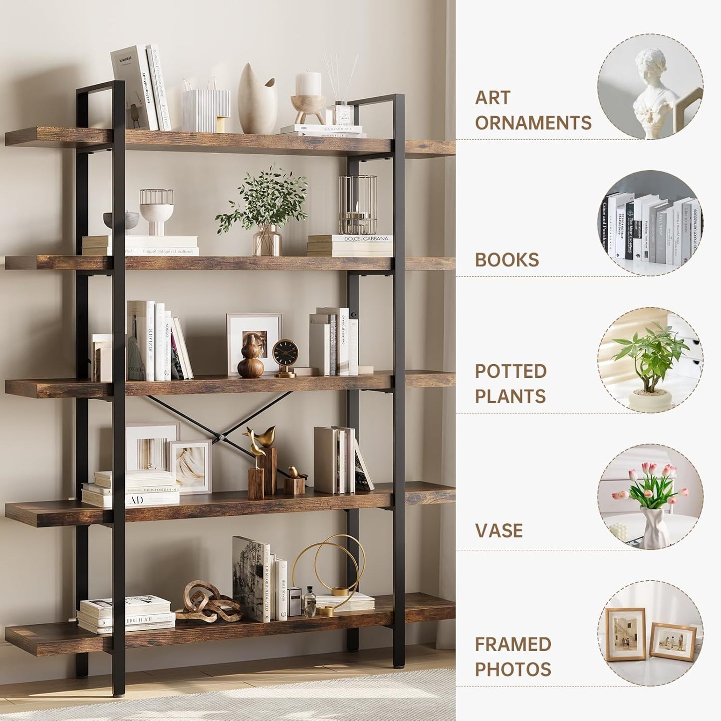 Heavy Duty 5-Tier Industrial Bookcase, 47" Wide Wood Bookshelf for Home Office, 120lbs Shelf Capacity, Rustic Open Shelving Display with Reinforced Horizontal Shelf for Living Room Bedroom
