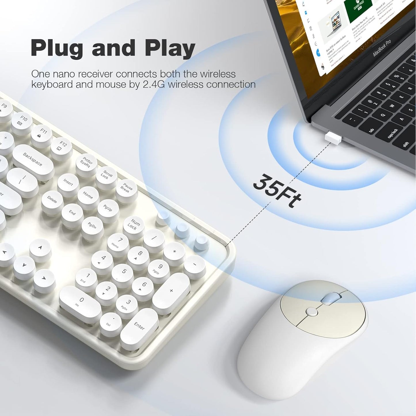 Wireless Keyboard and Mouse Combo, 104 Keys Full-Sized Typewriter Keyboards, 2.4 GHz USB Receiver Plug and Play, for Windows, PC, Laptop, Desktop (Cremy White)