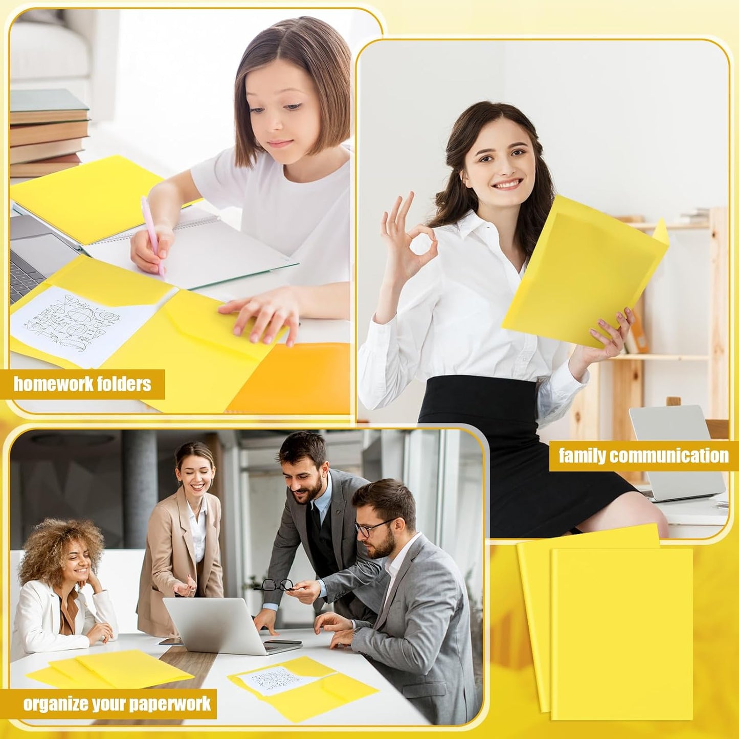 Gueevin 100 Pcs Two Pocket Folders Bulk Plastic File Folder with 2 Pockets Letter Size Paper Heavy Duty Durable Portfolios Case for Home Office School Business 11.61 x 9.45 Inch (Yellow)