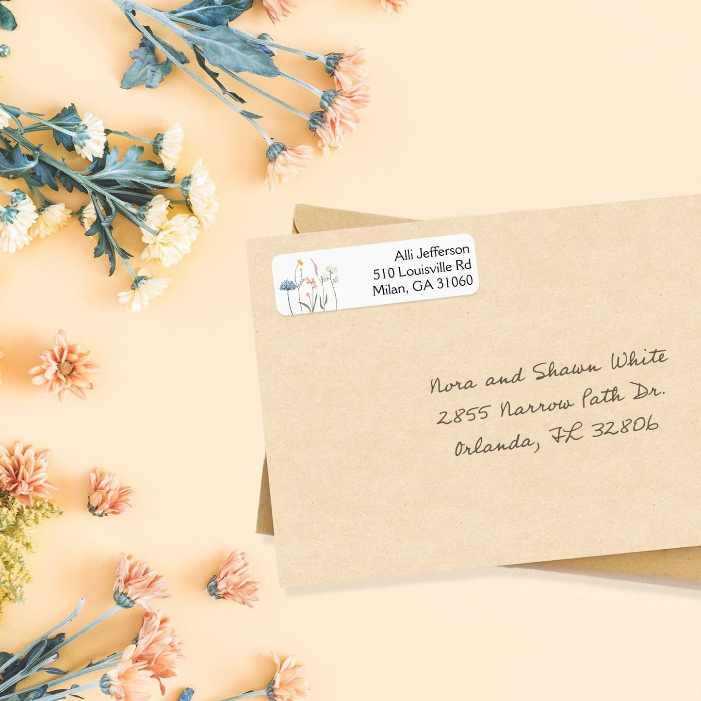 Wildflower Rolled Address Labels / 500 Personalized Return Address Labels/Designer Address Stickers in Elegant Plastic Dispenser
