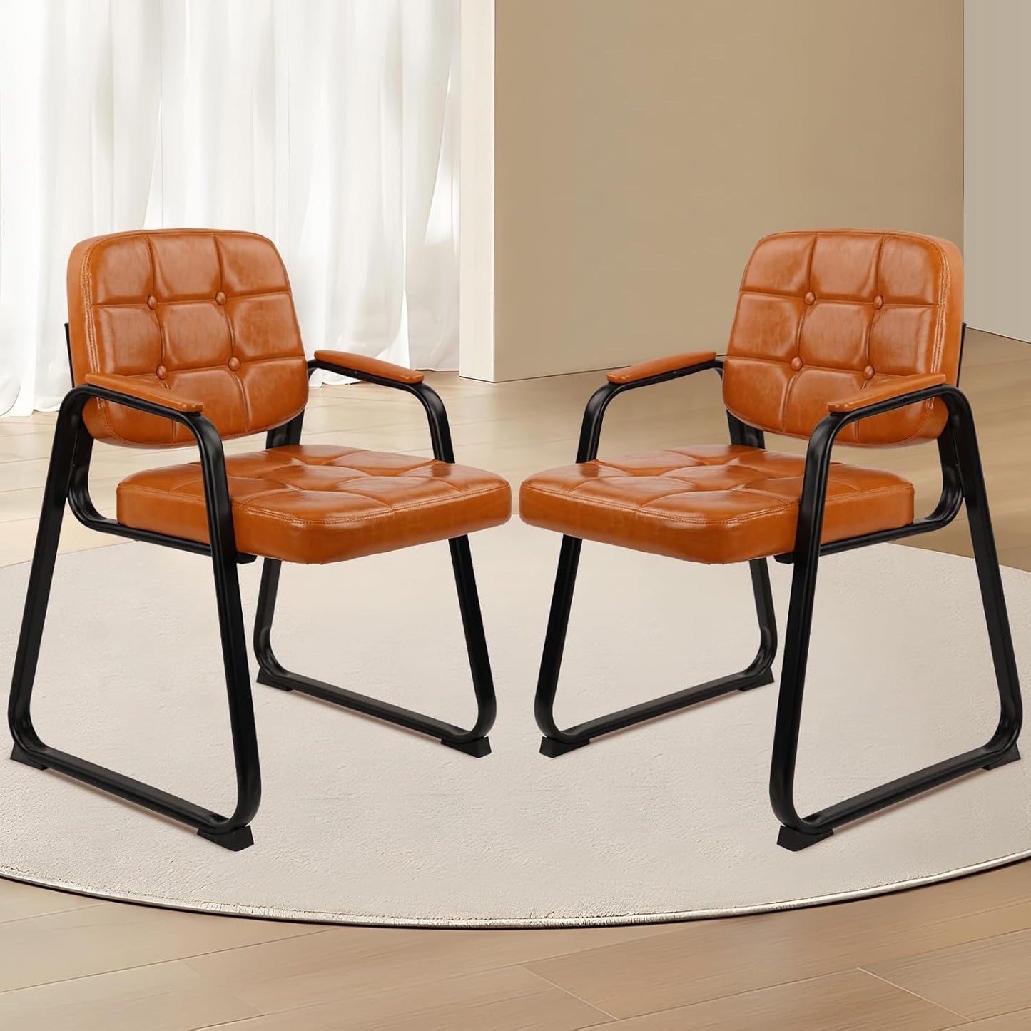 CLATINA Office Guest Chair, Leather Reception Chairs with Padded Arms, Desk Chair No Wheels Stationary for Conference Lobby Waiting Room Training Side Elderly, Set of 2-Orange