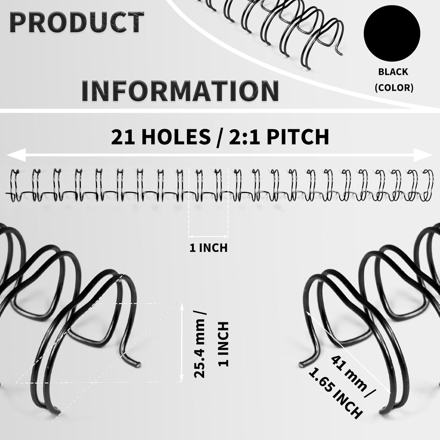 Rayson WR21254BK Wire Binding Spines, 2:1 Pitch Double Loop Binding Wires 1 Inch, 21-Loop Wire Ring Pack of 50 with Black