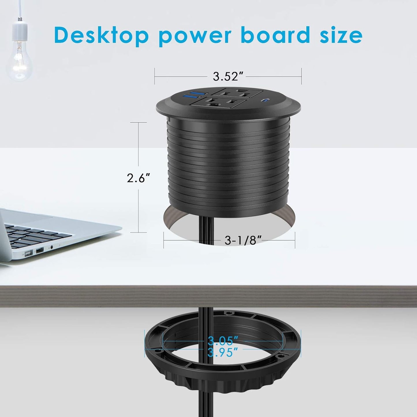 Recessed Power Grommet with AC Outlets, 20W Fast Charging USB-C Port - Flush-Mount for Desktop,Workspace Essential Desk Outlet,ETL Listed
