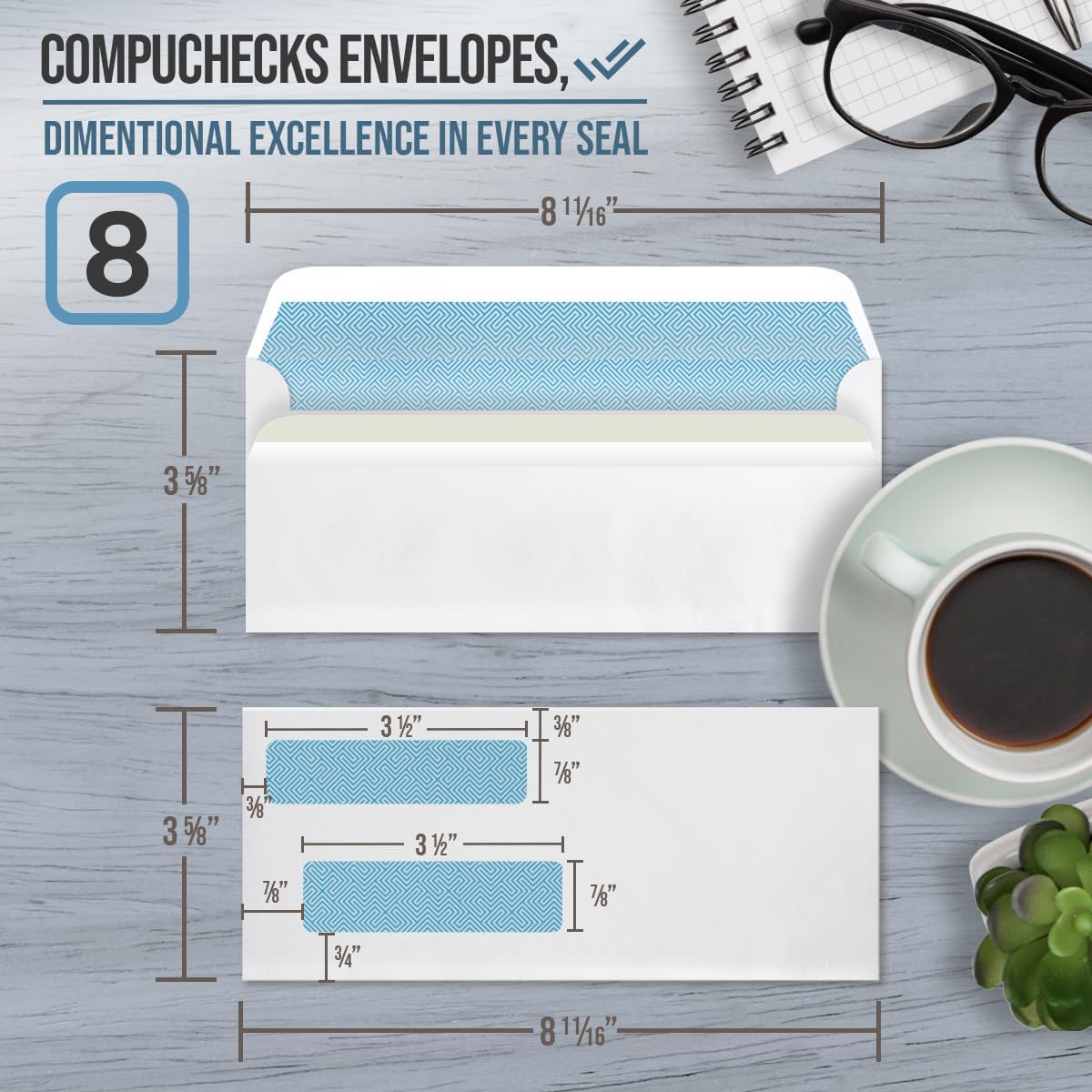 Compuchecks Double Window Envelopes #8- Flip and Seal Flap, Security Business Mailing Check Envelopes - Tamper Evident, Security Tint - 100 Count – Guaranteed to fit QuickBooks Checks