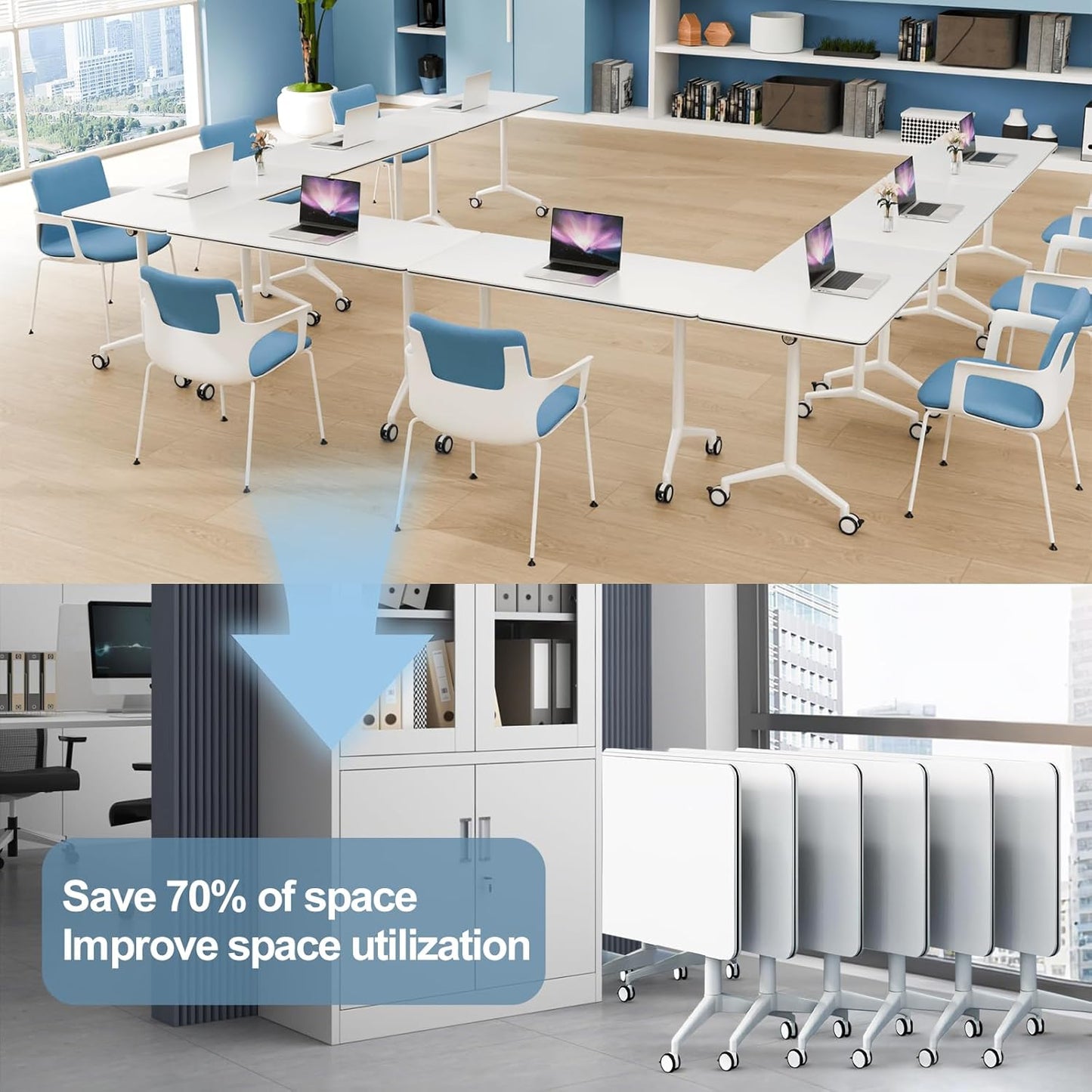 6Pack Folding Conference Room Table, Modern Conference Tables with Silent Wheels, Large Rectangular Mobile Training Tables for Office Classroom, Foldable Modular Seminar Table White (L70.9in)