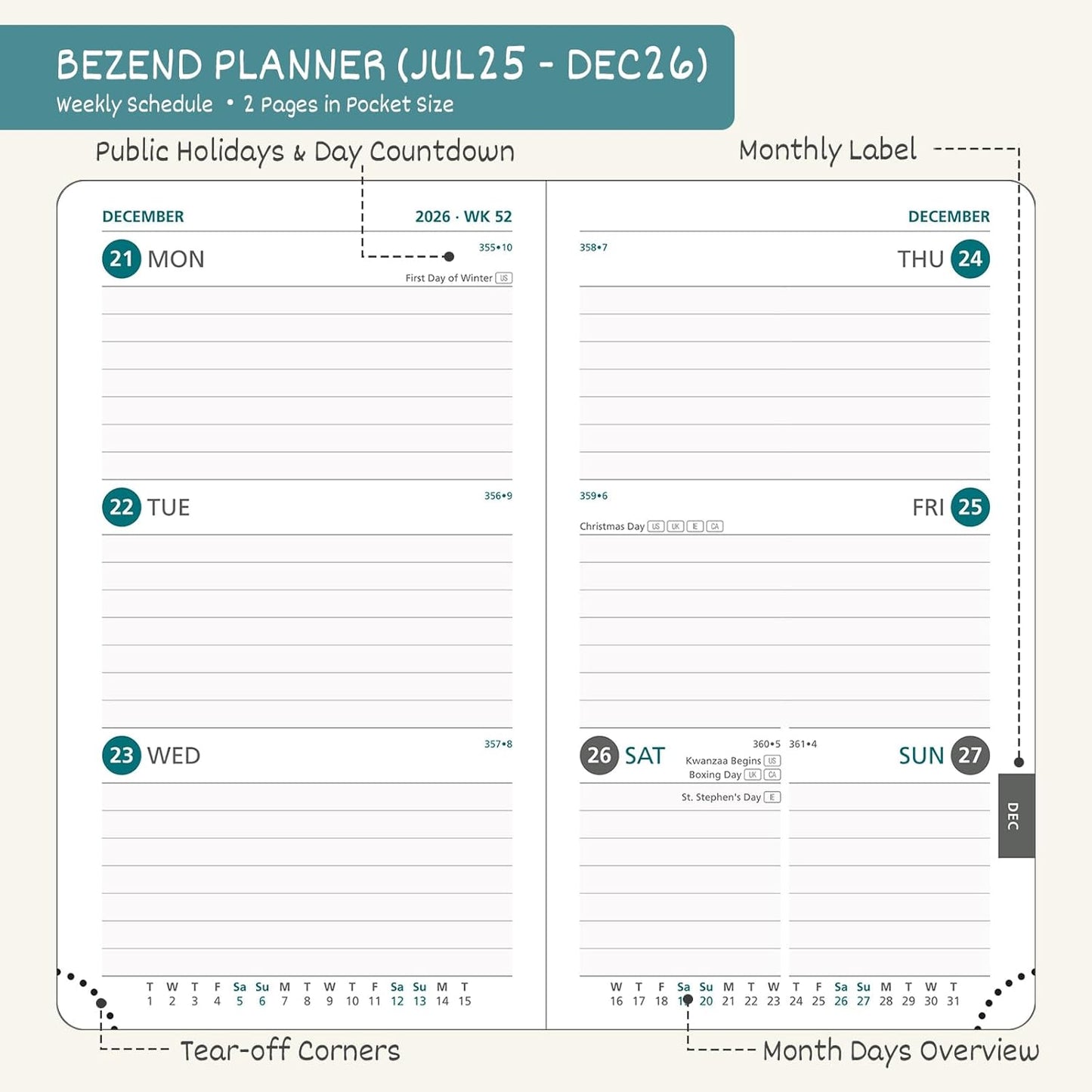 BEZEND Pocket Planner 2025-2026 Weekly and Monthly, 3.5" x 6" Academic Planner (Jul 25-Dec 26) 18-Month Mid-Year Calendar Book, Storage Pocket, Pen Holder, PU Leather Hardcover - Cornflower