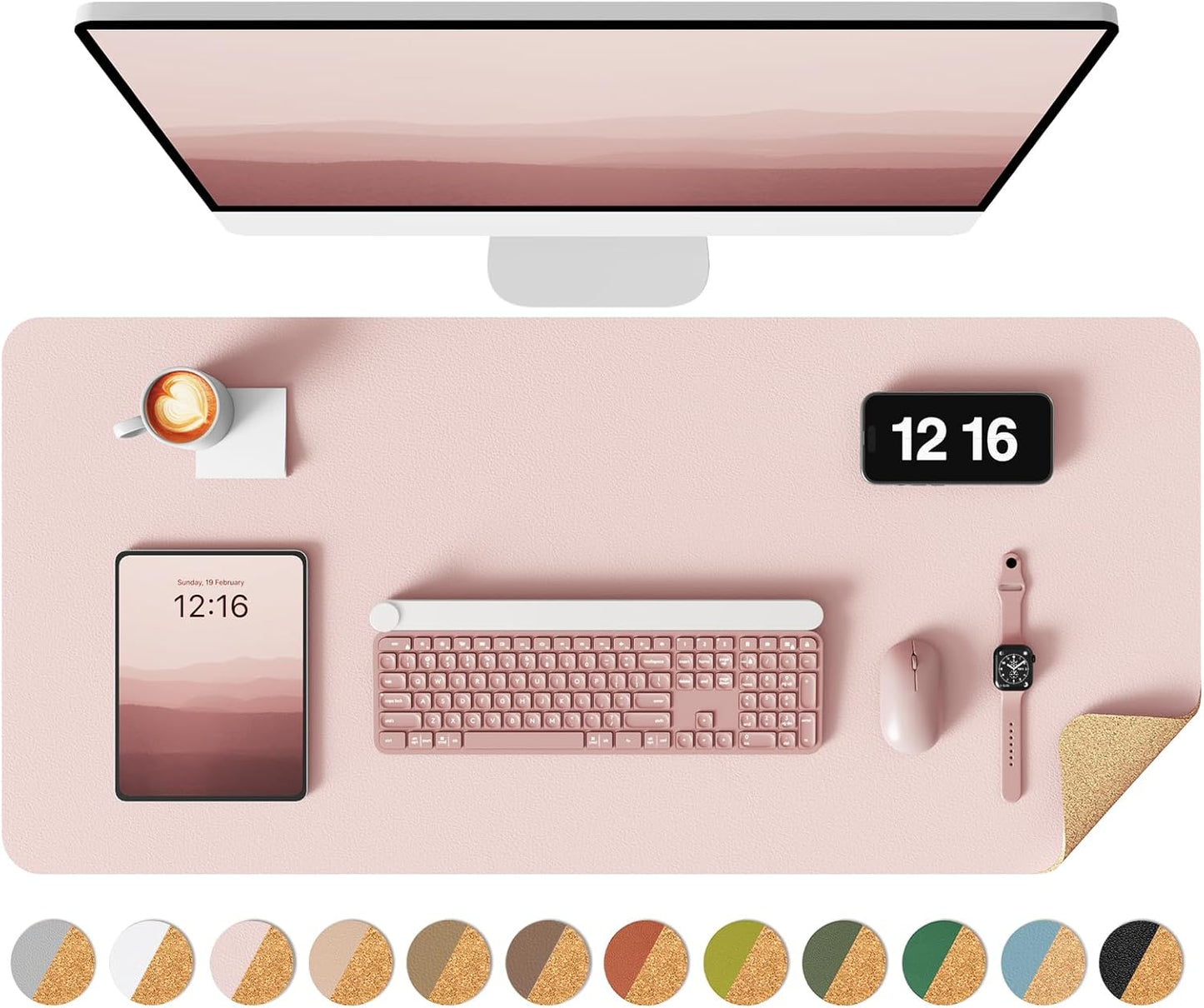 YSAGi Double-Sided Desk Pad, 31.5"x15.7"Leather Desk Mat, Eco Cork Desk Pad Protector,Large Mouse Pad,Waterproof Desk Blotter for Office/Home(Pink)