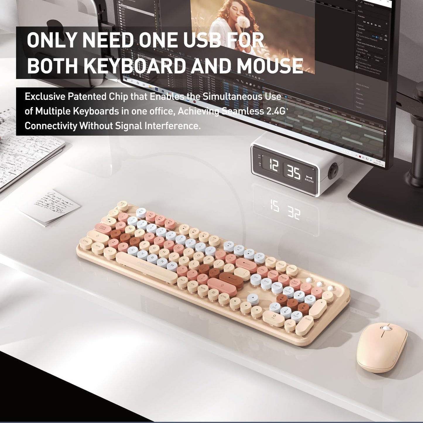 Wireless Keyboard and Mouse Combo, 2.4 GHz Wireless Full-Sized Typewriter Keyboard Mouse for Windows, Computer, Desktop, PC, Laptop (MilkTea)