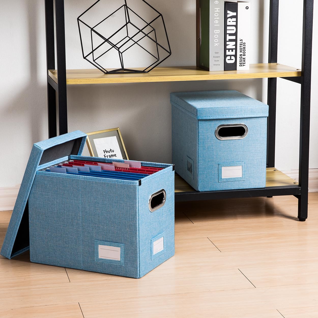 PRANDOM File Organizer Box - Set of 1 Collapsible Decorative Linen Filing Storage Hanging File Folders with Lids Office Cabinet Letter Size Blue (14x9.3x10.8 inch)